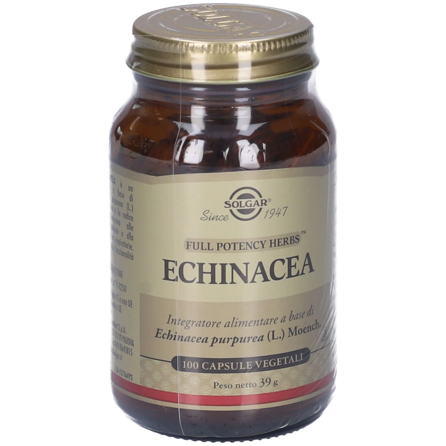 Flacone di vetro marrone con tappo dorato. Etichetta con testo: Echinacea, 100 capsule vegetali. Marchio: Solgar.