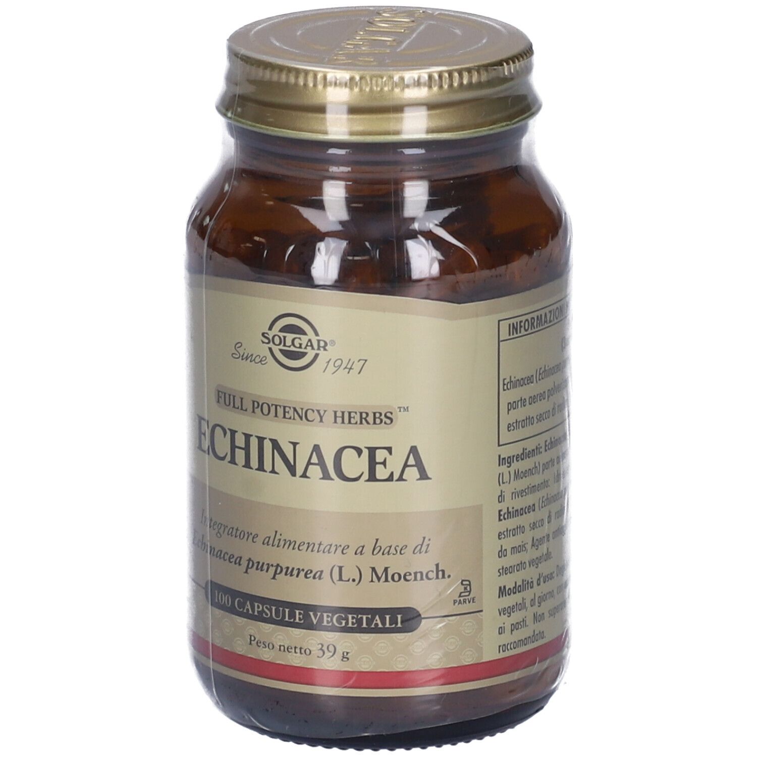Flacone di vetro marrone con tappo dorato. Etichetta con testo: Echinacea, 100 capsule vegetali. Marchio: Solgar.