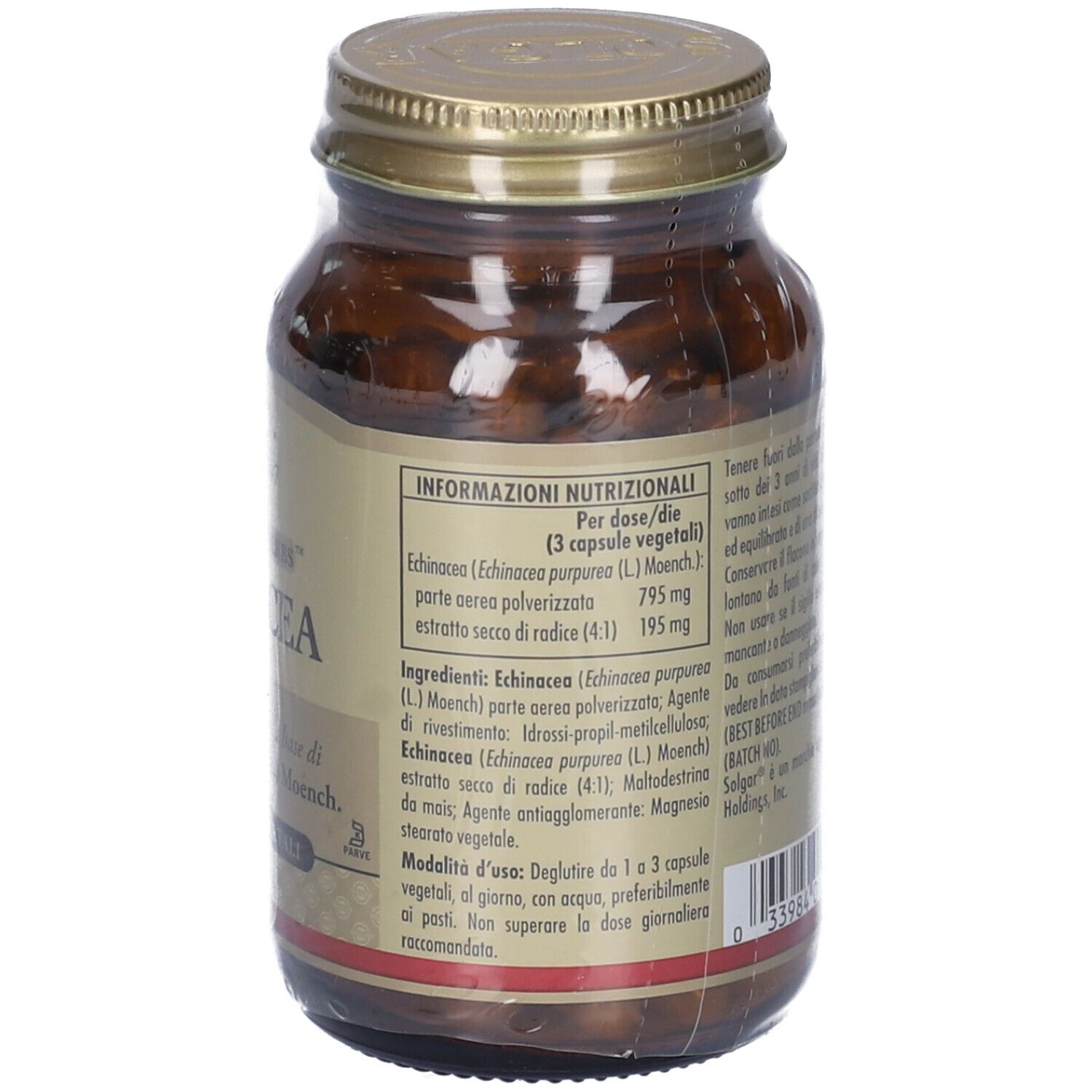 Retro del flacone di vetro marrone. Etichetta con testo: Echinacea, informazioni nutrizionali, ingredienti. Marchio: Solgar.