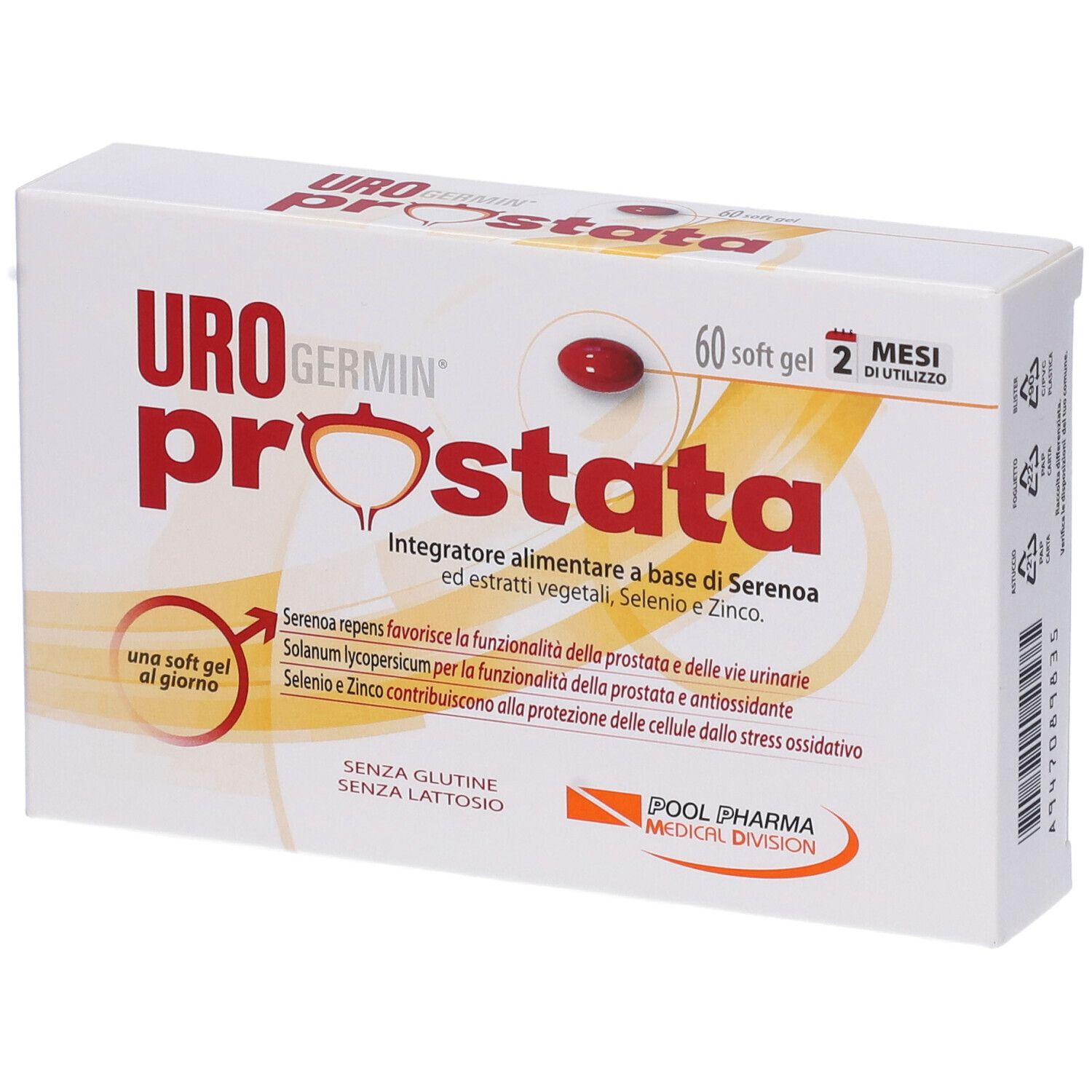 Weiße Schachtel mit roter Aufschrift URO prostata. Eine Kapsel liegt auf der Verpackung. 60 Softgel-Kapseln.