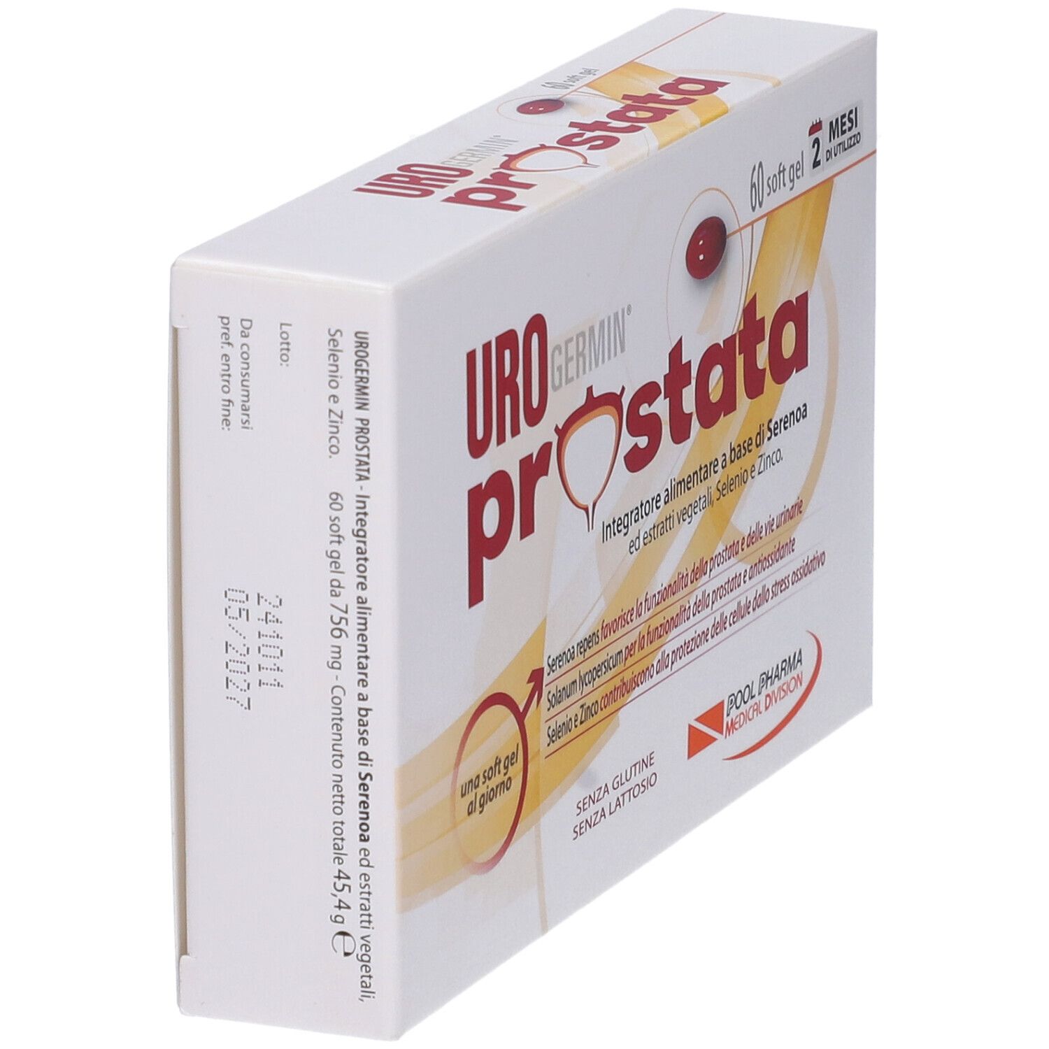 Weiße Schachtel mit roter Aufschrift URO prostata. 60 Softgel-Kapseln. Seitenansicht mit Haltbarkeitsdatum.