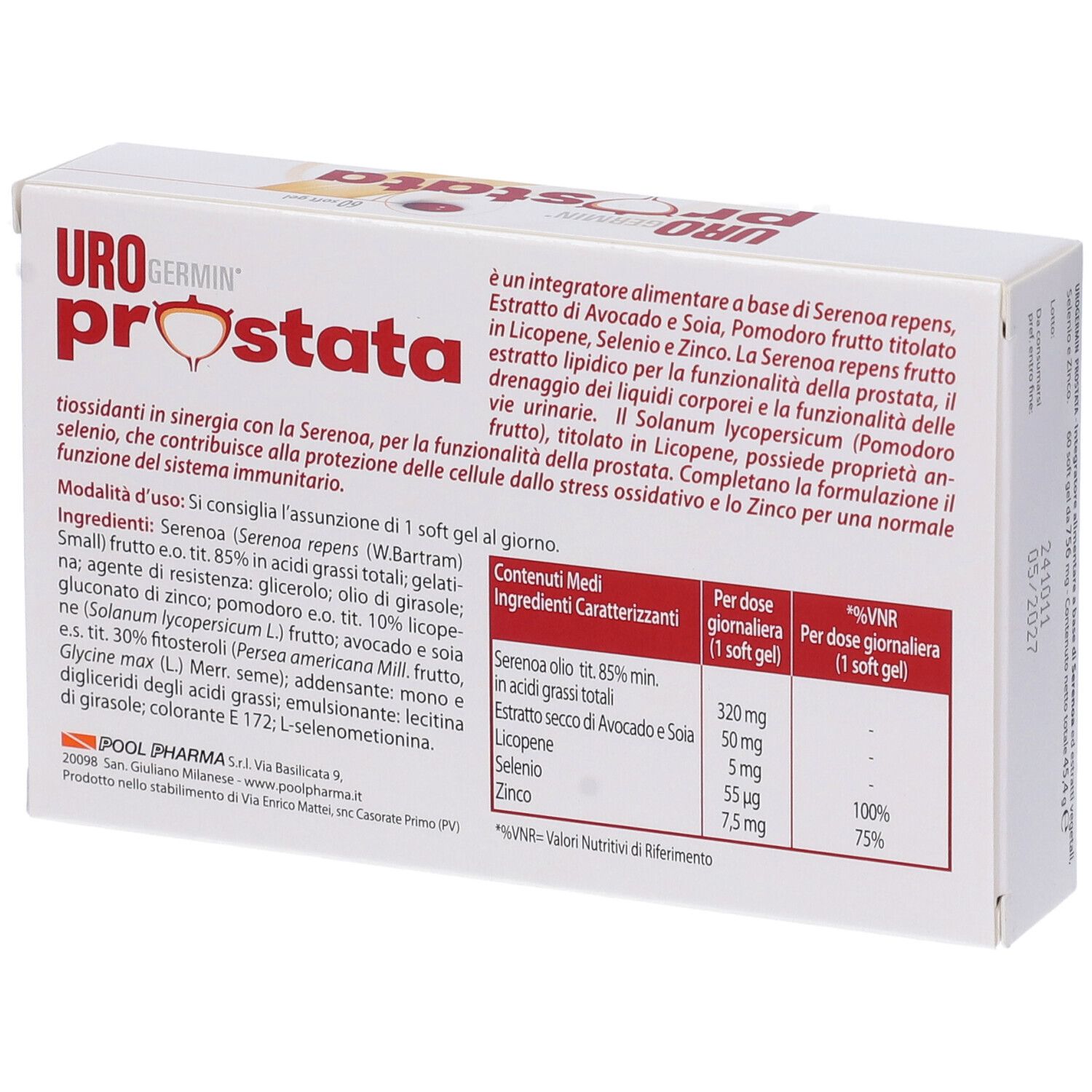 Rückseite der weißen Schachtel mit Inhaltsstoffen und Nährwertangaben. Text in italienischer Sprache.