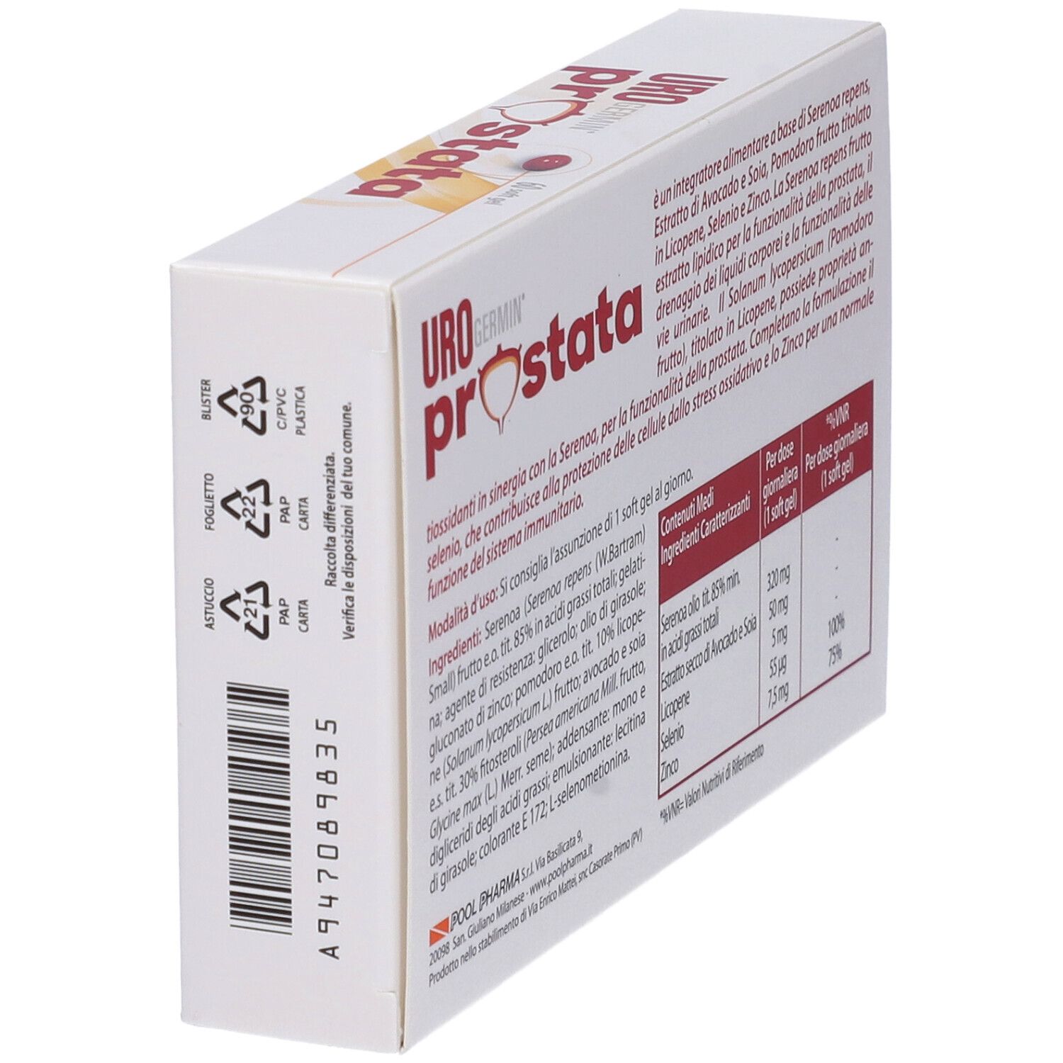 Seitenansicht der weißen Schachtel mit Text und Recycling-Symbolen. Text in italienischer Sprache.