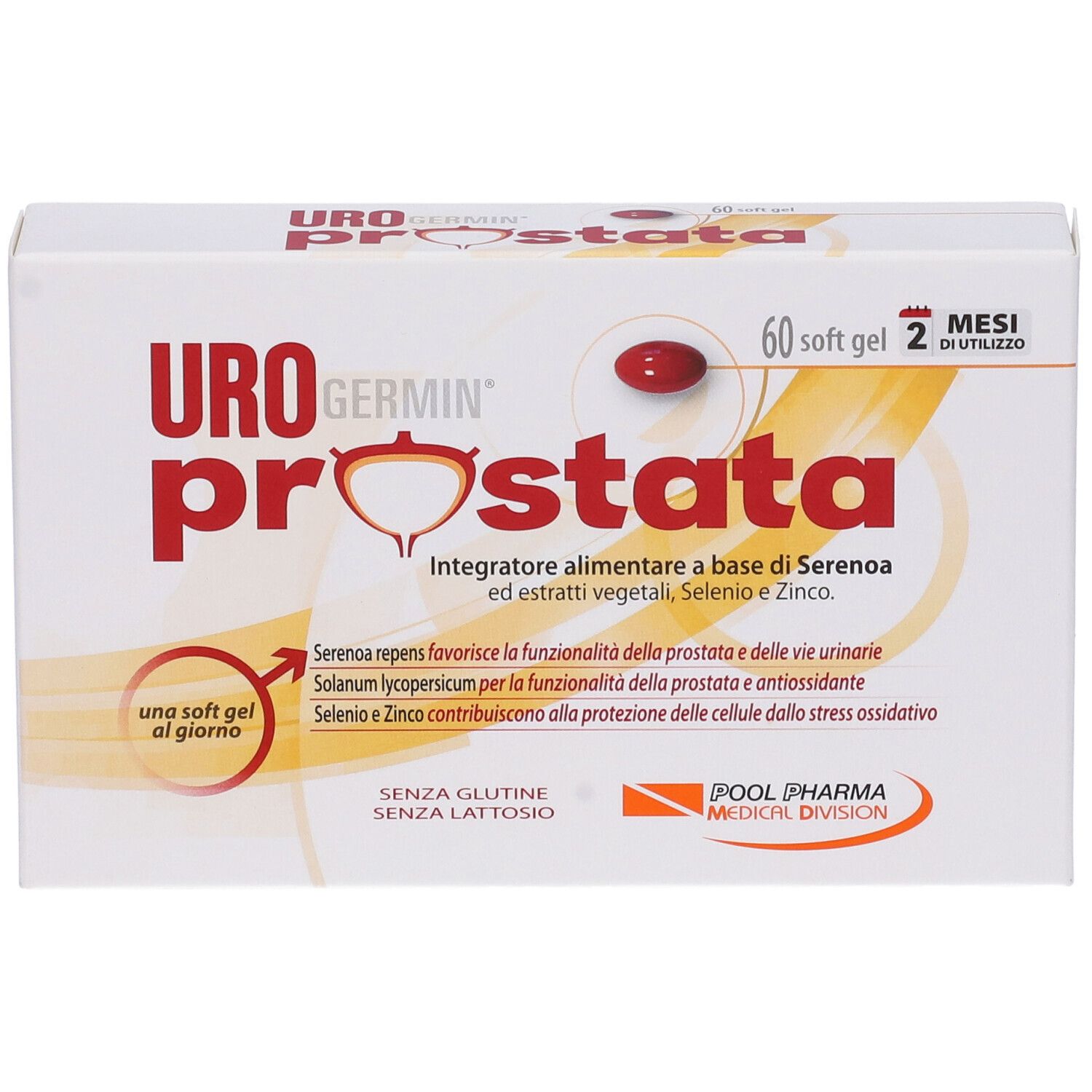 Weiße Schachtel mit roter Aufschrift URO prostata. Eine Kapsel liegt auf der Verpackung. 60 Softgel-Kapseln.