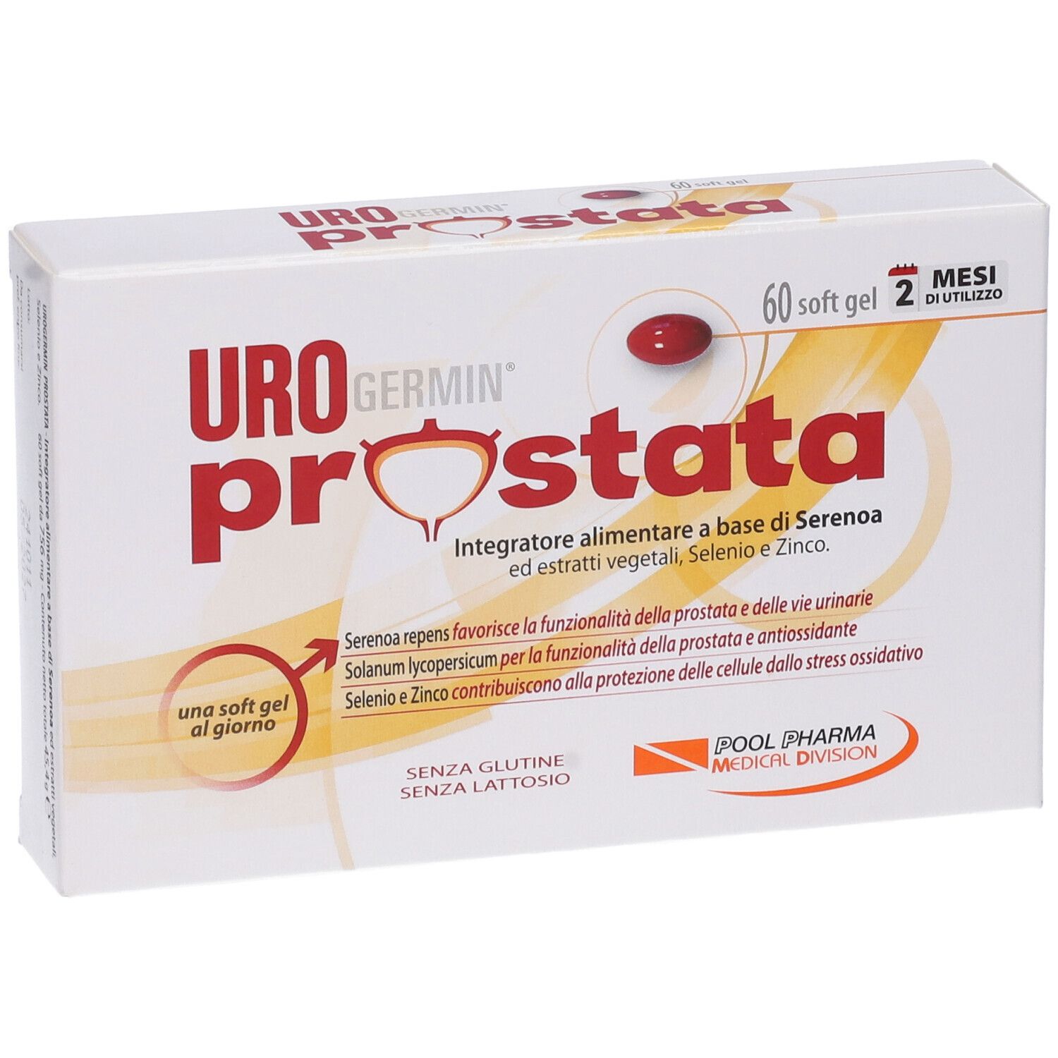 Weiße Schachtel mit roter Aufschrift URO prostata. 60 Softgel-Kapseln. Produktansicht.