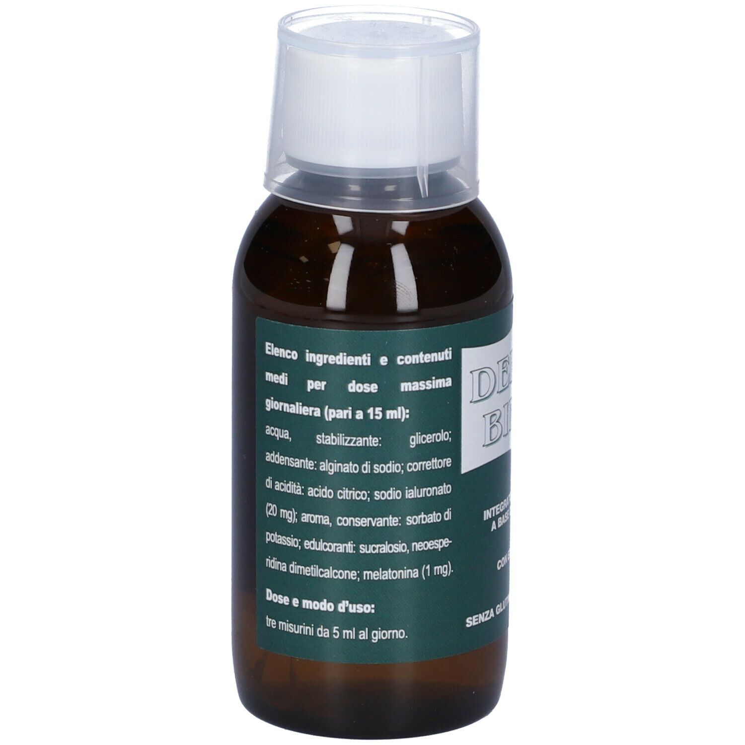 Flacone marrone con tappo bianco. Scritta: DEFLUX BIMBO. Etichetta con ingredienti e dosaggio.