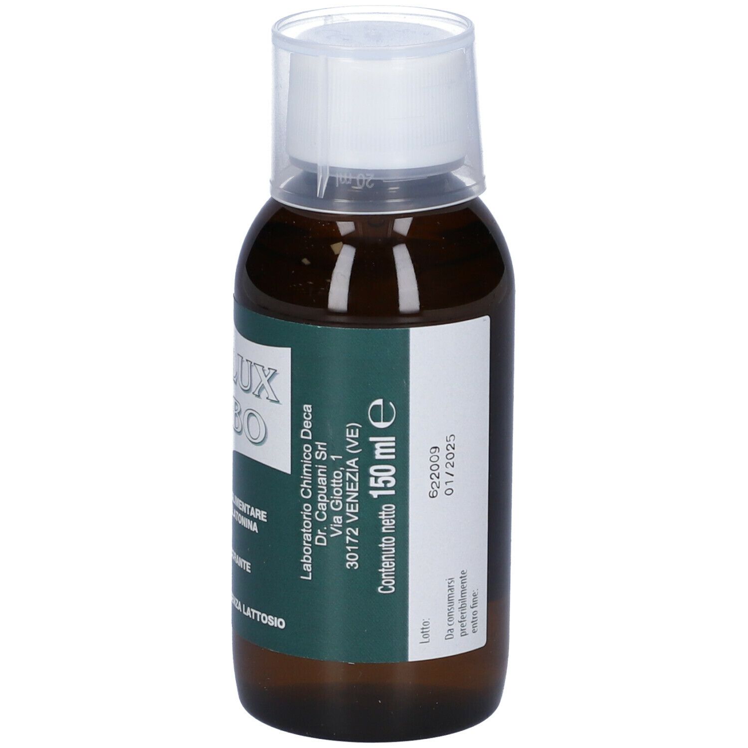 Flacone marrone con tappo bianco. Scritta: DEFLUX BIMBO. Etichetta con indicazione del volume: 150 ml.