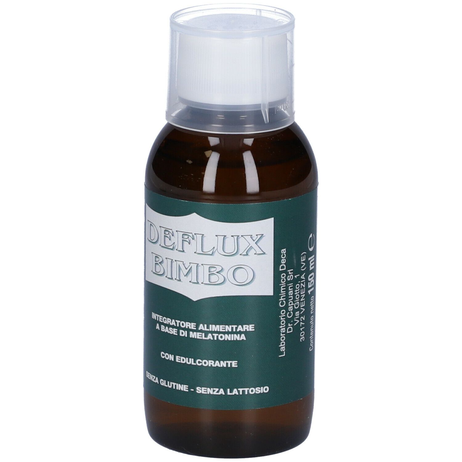 Flacone marrone con tappo bianco. Scritta: DEFLUX BIMBO. Etichetta con informazioni sul prodotto e logo.