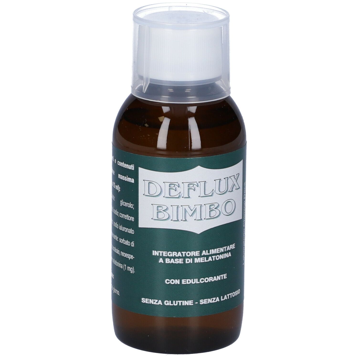 Flacone marrone con tappo bianco. Scritta: DEFLUX BIMBO. Etichetta con ingredienti e logo.