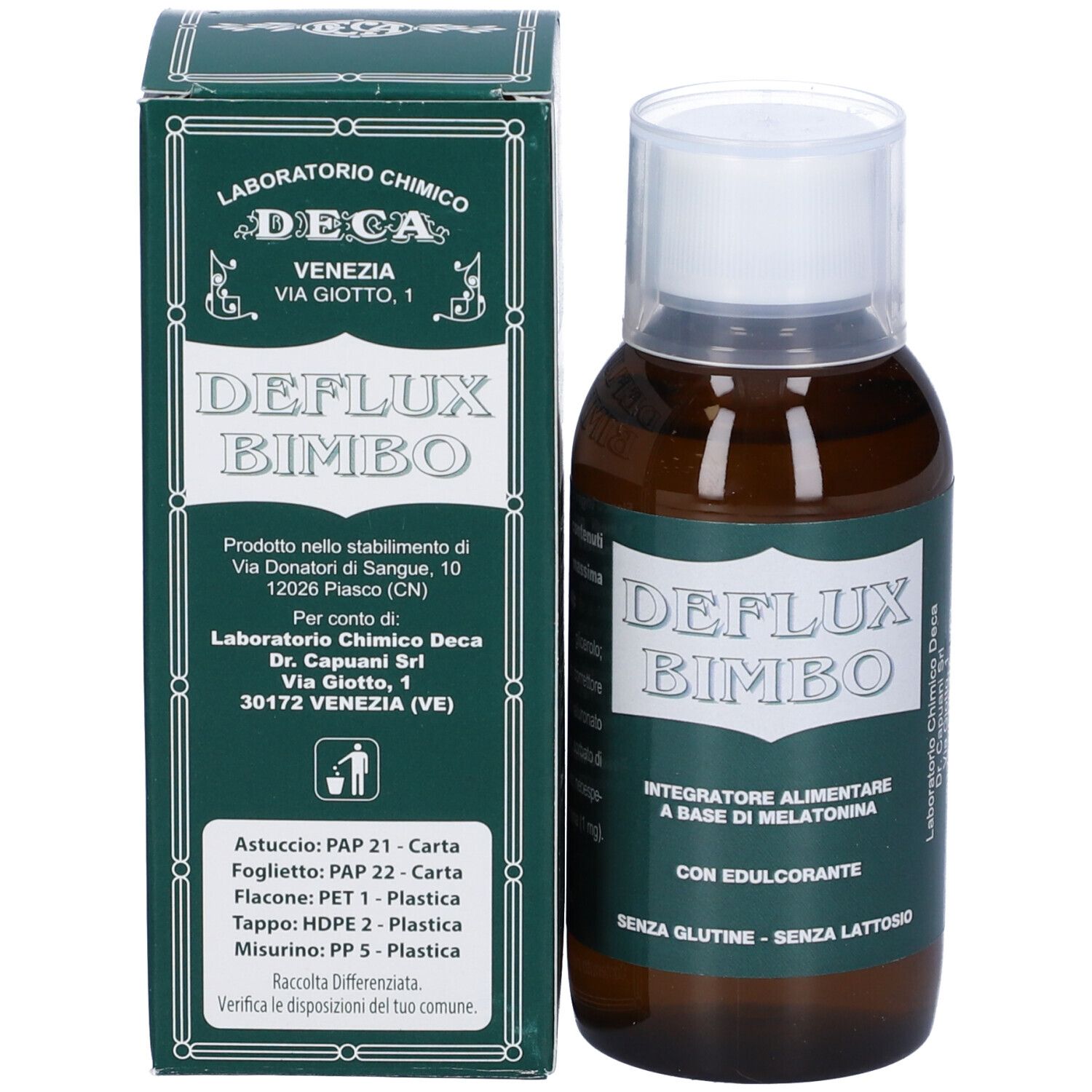 Flacone e scatola del prodotto. Scritta: DEFLUX BIMBO. Scatola con logo e informazioni sul prodotto.