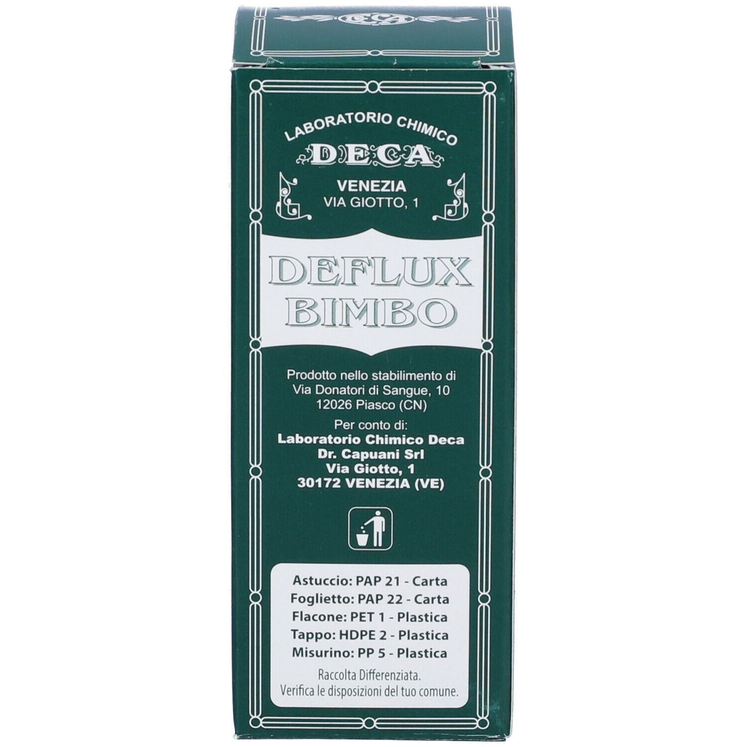 Scatola verde. Scritta: DEFLUX BIMBO. Logo e informazioni sul prodotto. Indicazioni dei materiali.