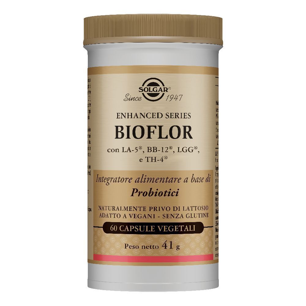 Barattolo beige con coperchio dorato. Scritta: SOLGAR BIOFLOR, 60 capsule, 41 g.