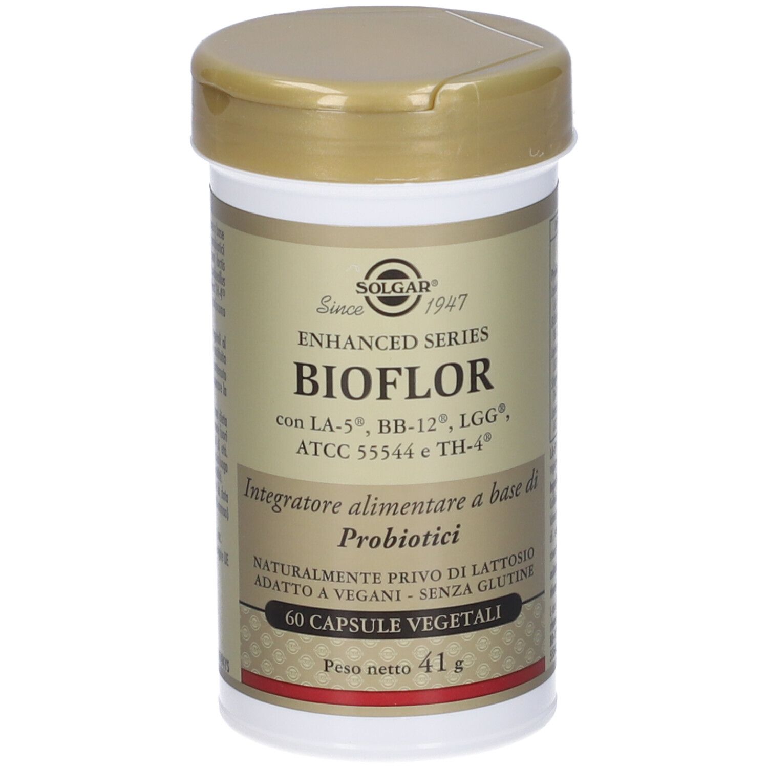 Barattolo beige con coperchio dorato. Scritta: SOLGAR BIOFLOR, 60 capsule, 41 g.