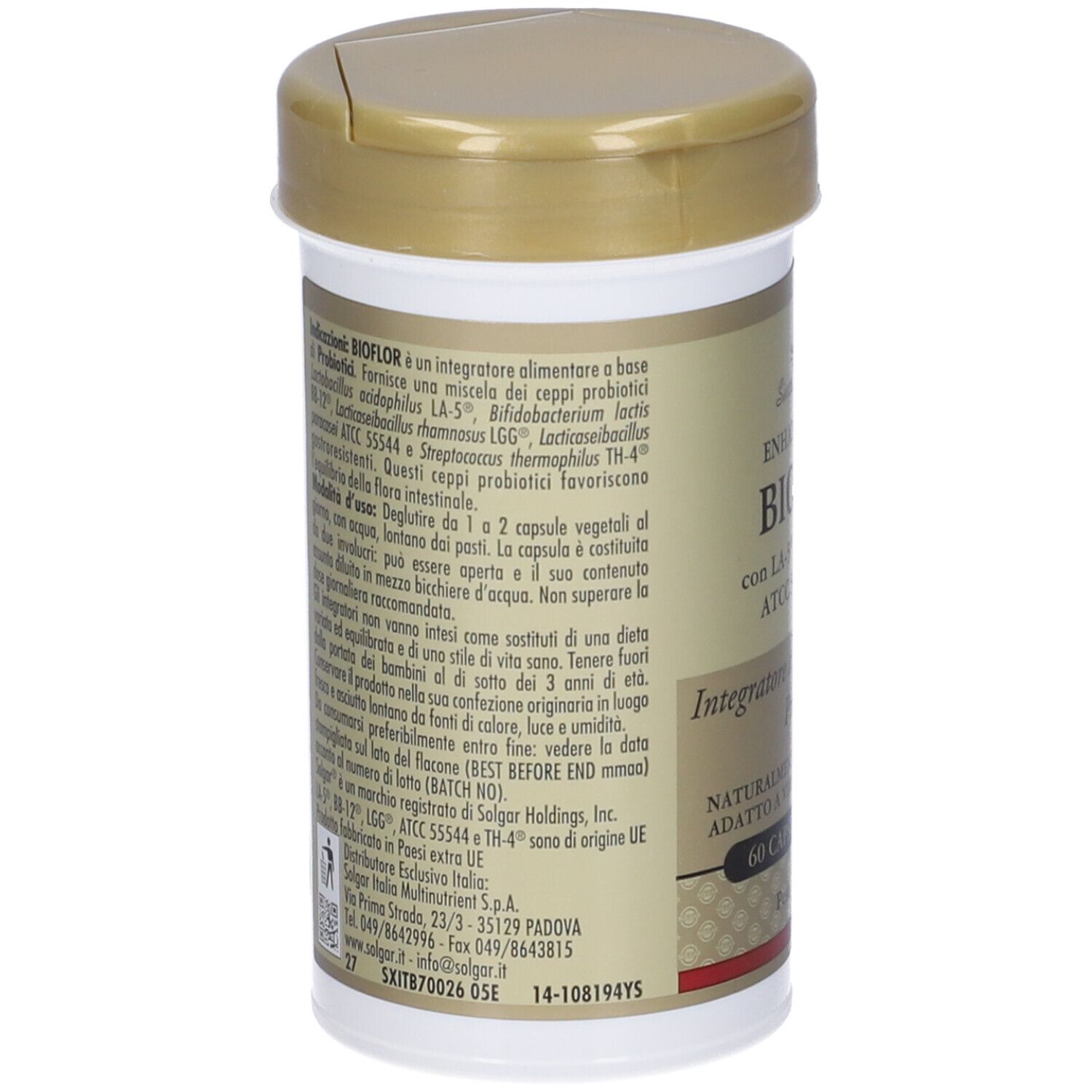 Retro di un barattolo. Testo: BIOFLOR, ingredienti, istruzioni per l'uso, informazioni sul produttore.