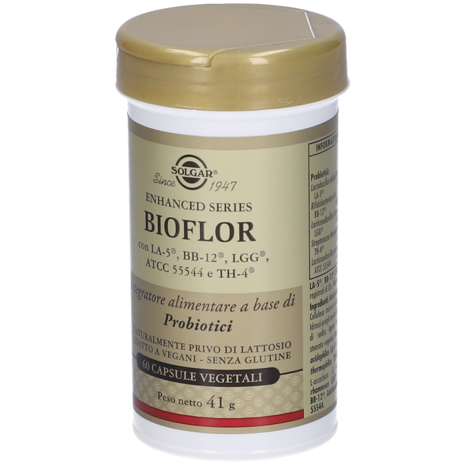 Barattolo beige con coperchio dorato. Scritta: SOLGAR BIOFLOR, 60 capsule, 41 g.