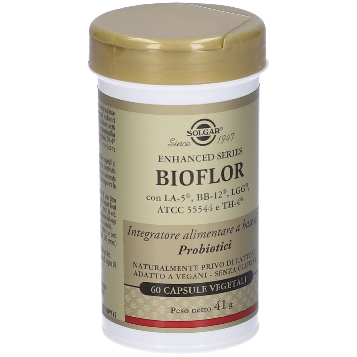 Barattolo beige con coperchio dorato. Scritta: SOLGAR BIOFLOR, 60 capsule, 41 g.