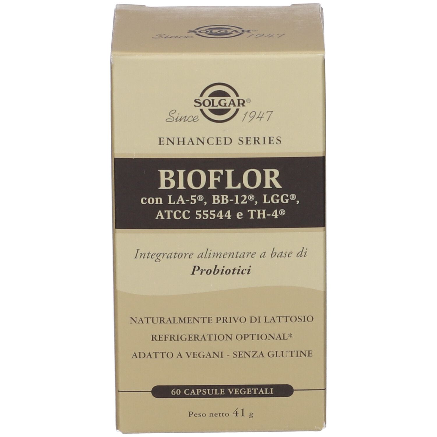 Scatola. Scritta: SOLGAR BIOFLOR, 60 capsule, 41 g. Nome del prodotto e logo.