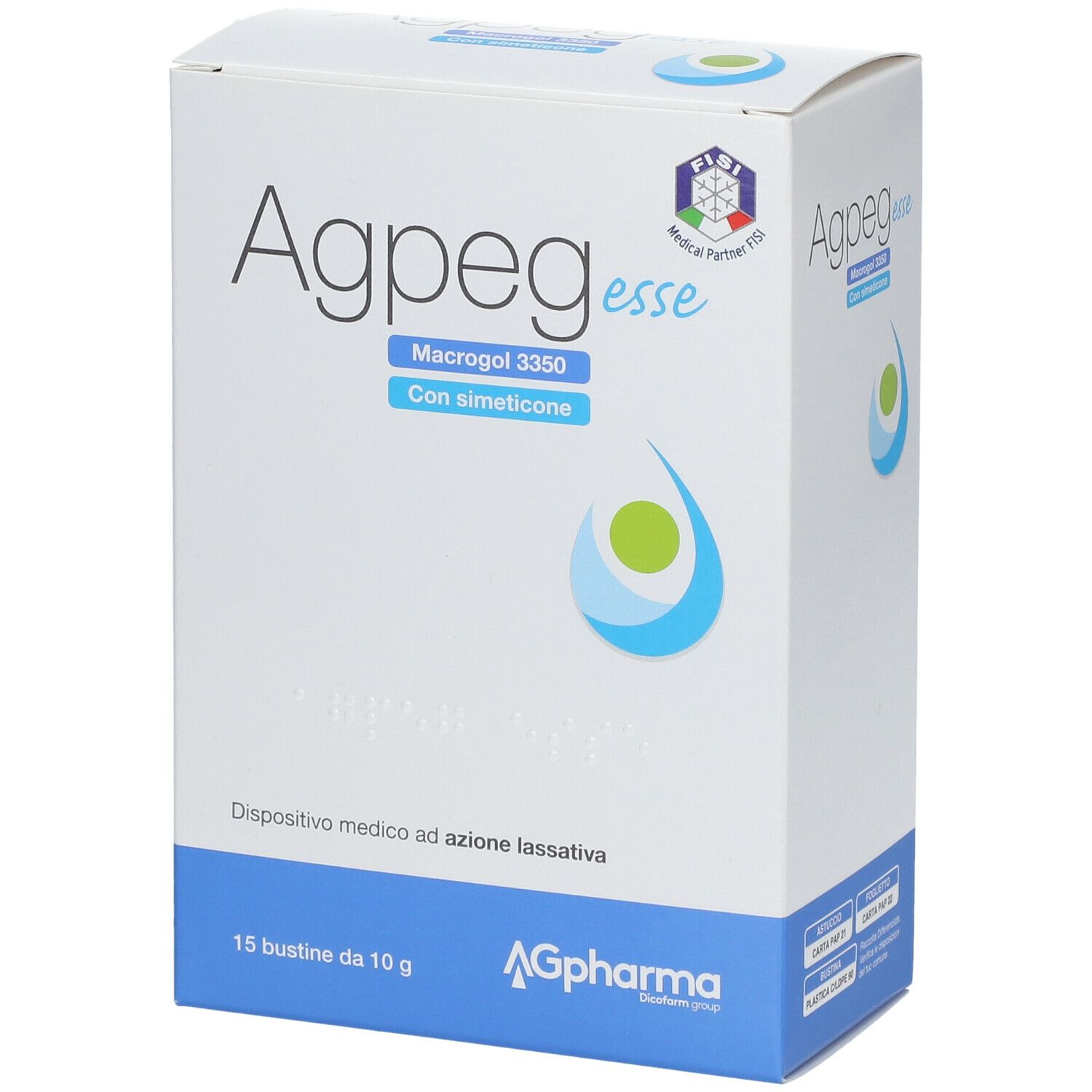 Scatola "Agpeg esse". Contiene 15 bustine da 10 g. Dispositivo medico. Logo "AG Pharma".