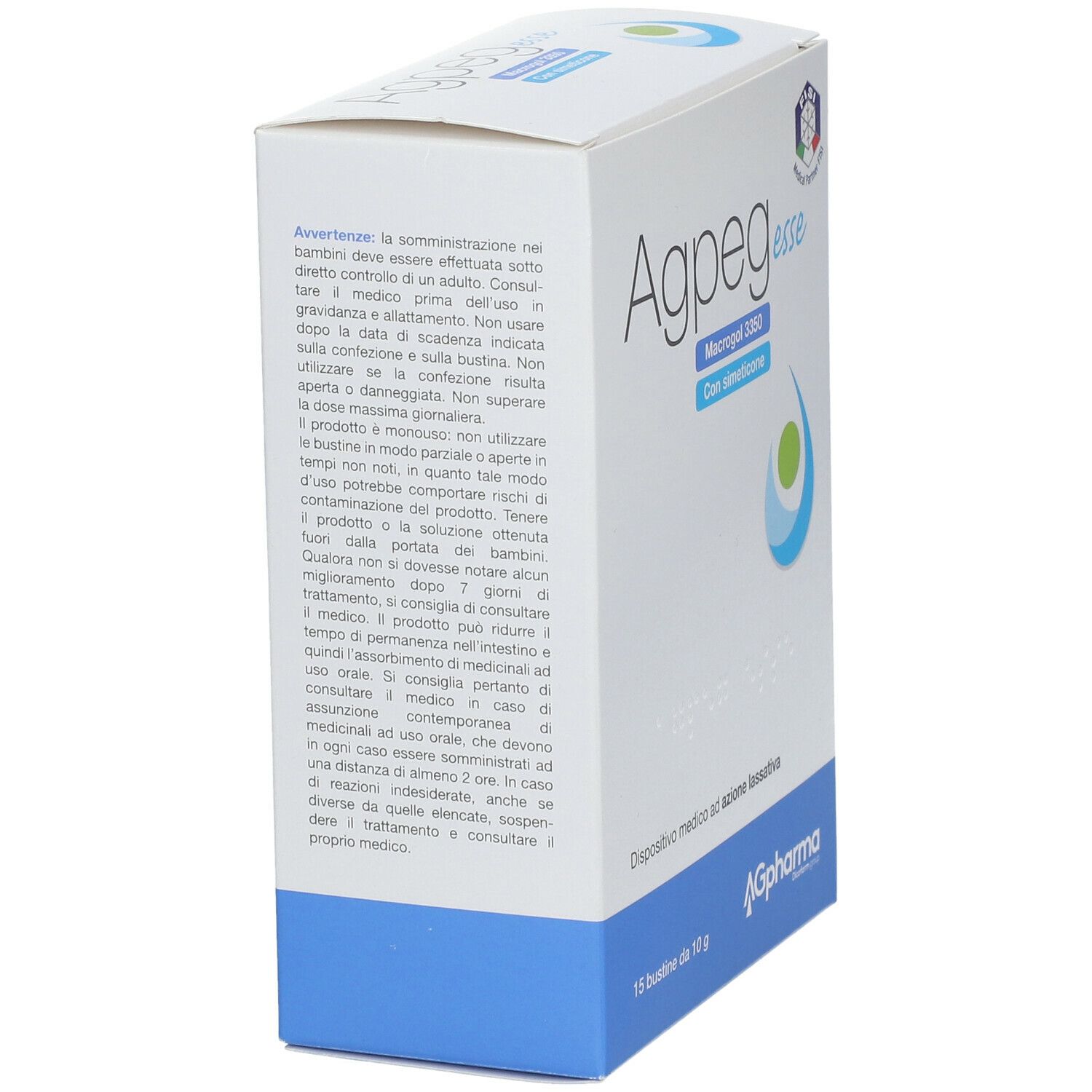Scatola "Agpeg esse". Testo in italiano. Dispositivo medico. Logo "AG Pharma".