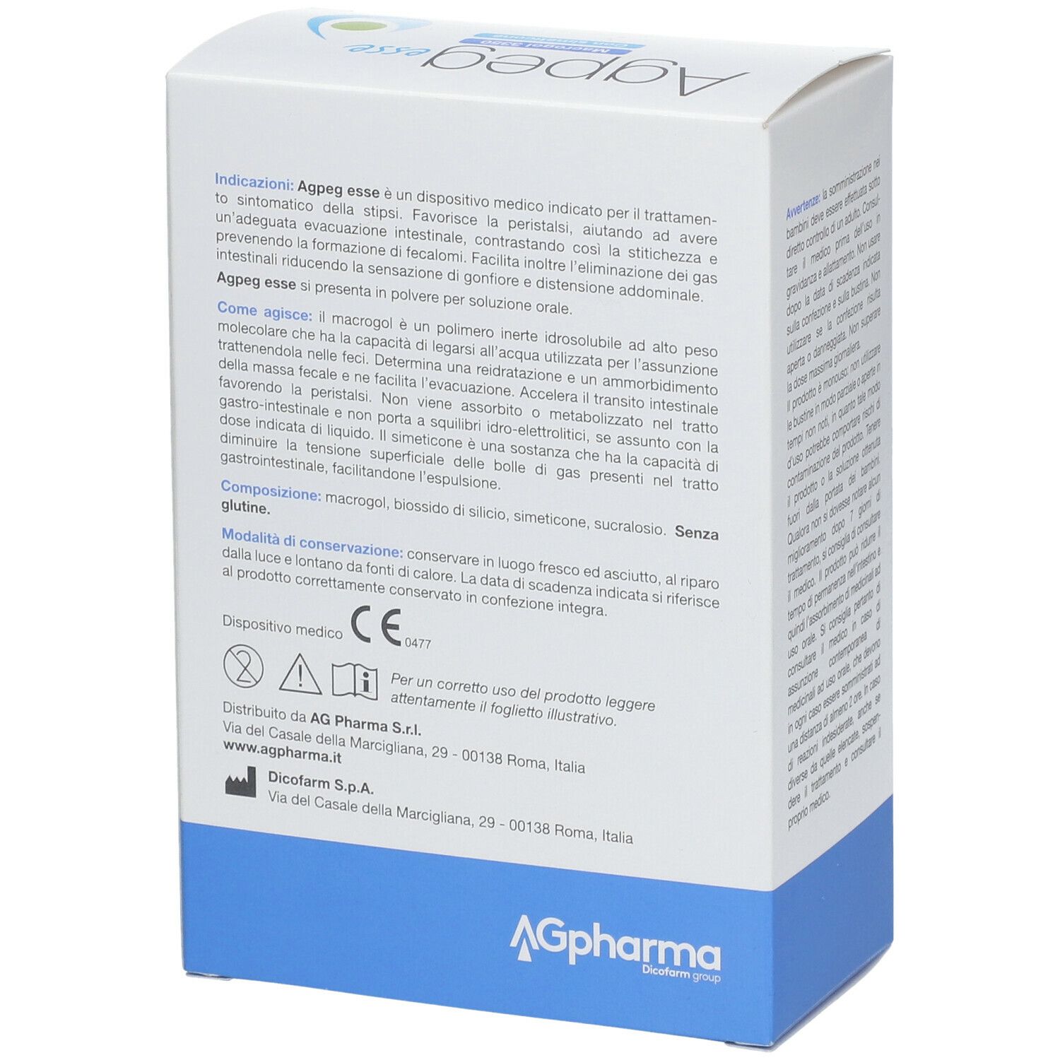 Retro scatola "Agpeg esse". Testo in italiano. Dispositivo medico. Logo "AG Pharma".