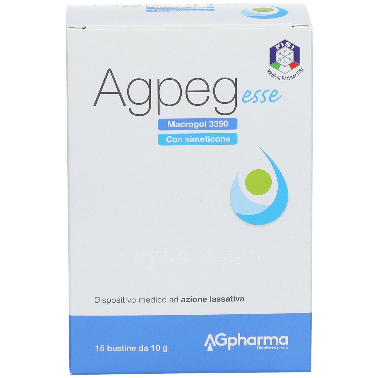 Scatola "Agpeg esse". Contiene 15 bustine da 10 g. Dispositivo medico. Logo "AG Pharma".
