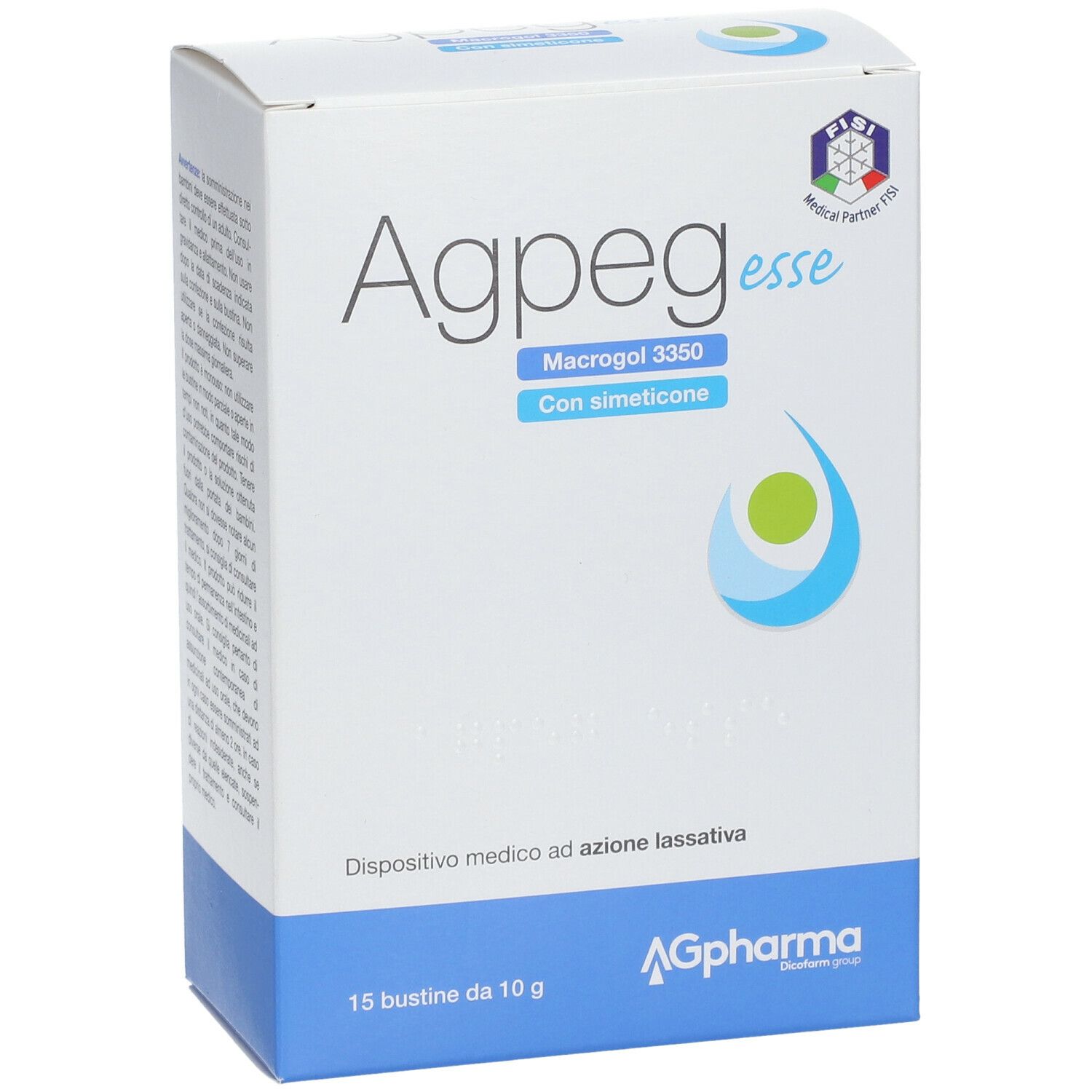 Scatola "Agpeg esse". Contiene 15 bustine da 10 g. Dispositivo medico. Logo "AG Pharma".