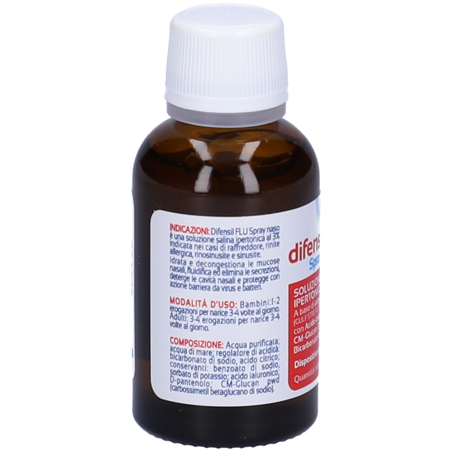Difensil Flu Nasenspray-Flasche, Rückseite.