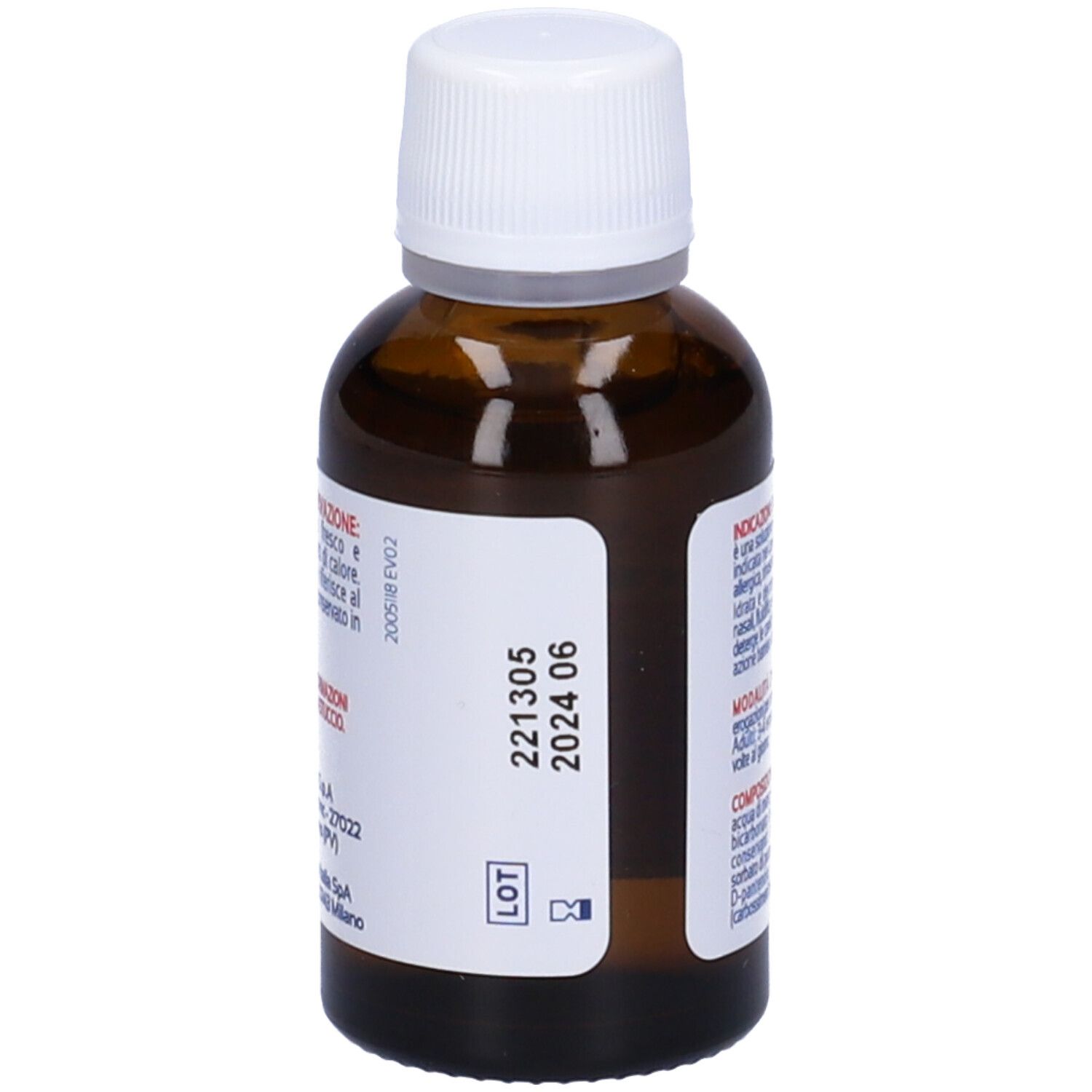 Braune Glasflasche mit weißem Verschluss, 30 ml. Etikett mit "difensil FLU Spray naso".