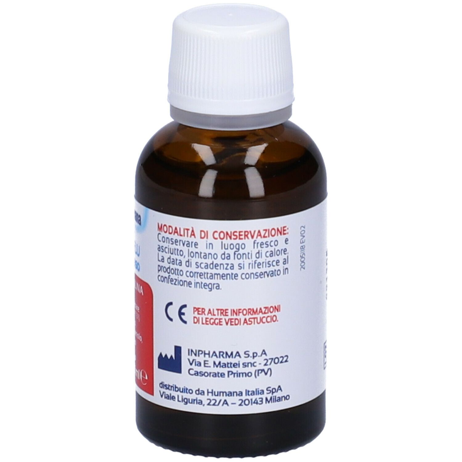 Braune Glasflasche mit weißem Verschluss, 30 ml. Etikett mit "difensil FLU Spray naso".