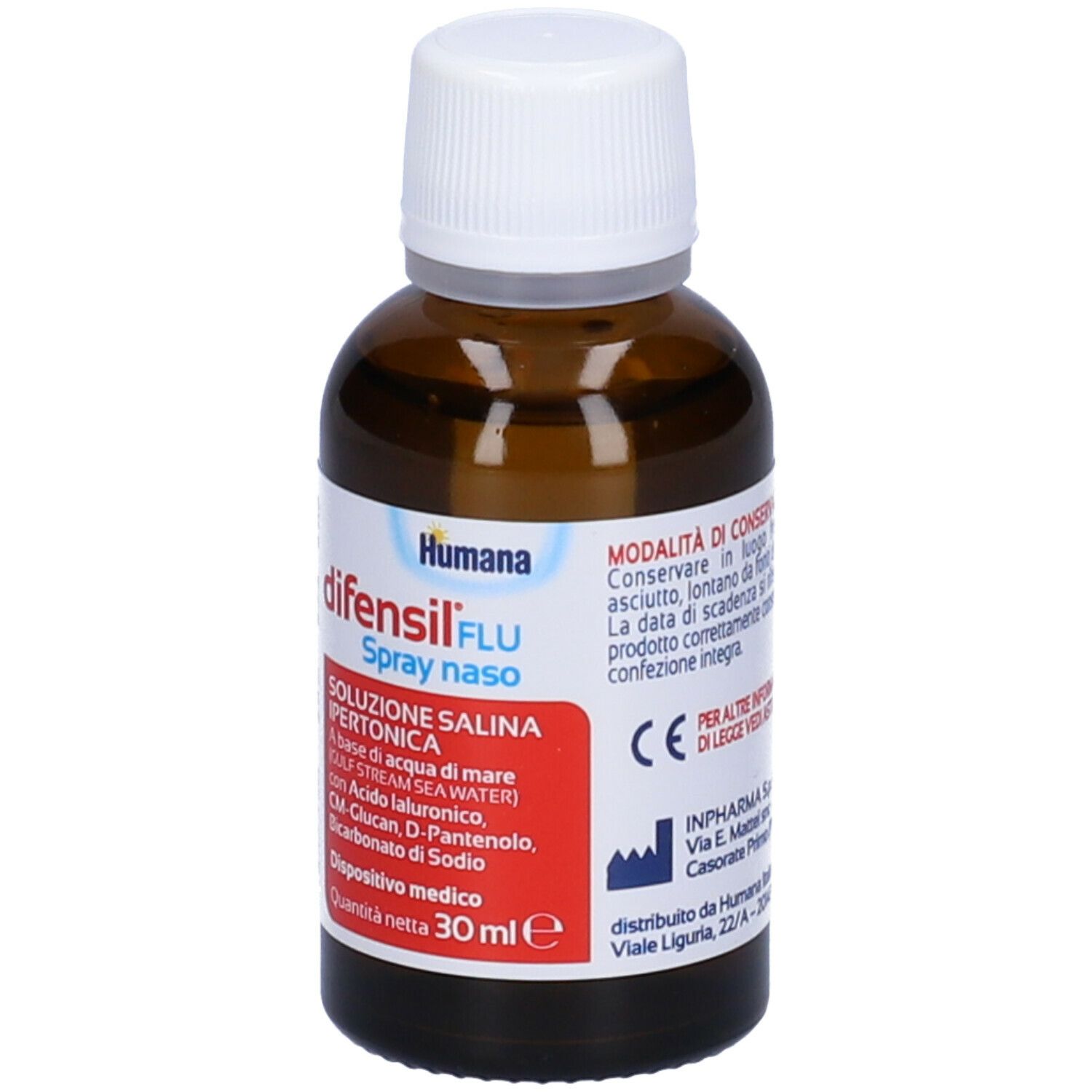 Braune Glasflasche mit weißem Verschluss, 30 ml. Etikett mit "difensil FLU Spray naso".