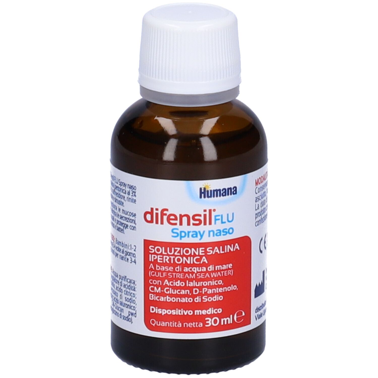Humana Difensil Flu Nasenspray-Flasche und Verpackung, isotonische Salzlösung.