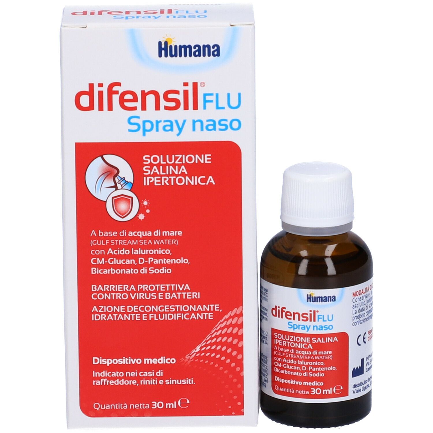 Humana Difensil Flu Nasenspray-Verpackung mit Darstellung der Anwendung und Inhaltsstoffen.