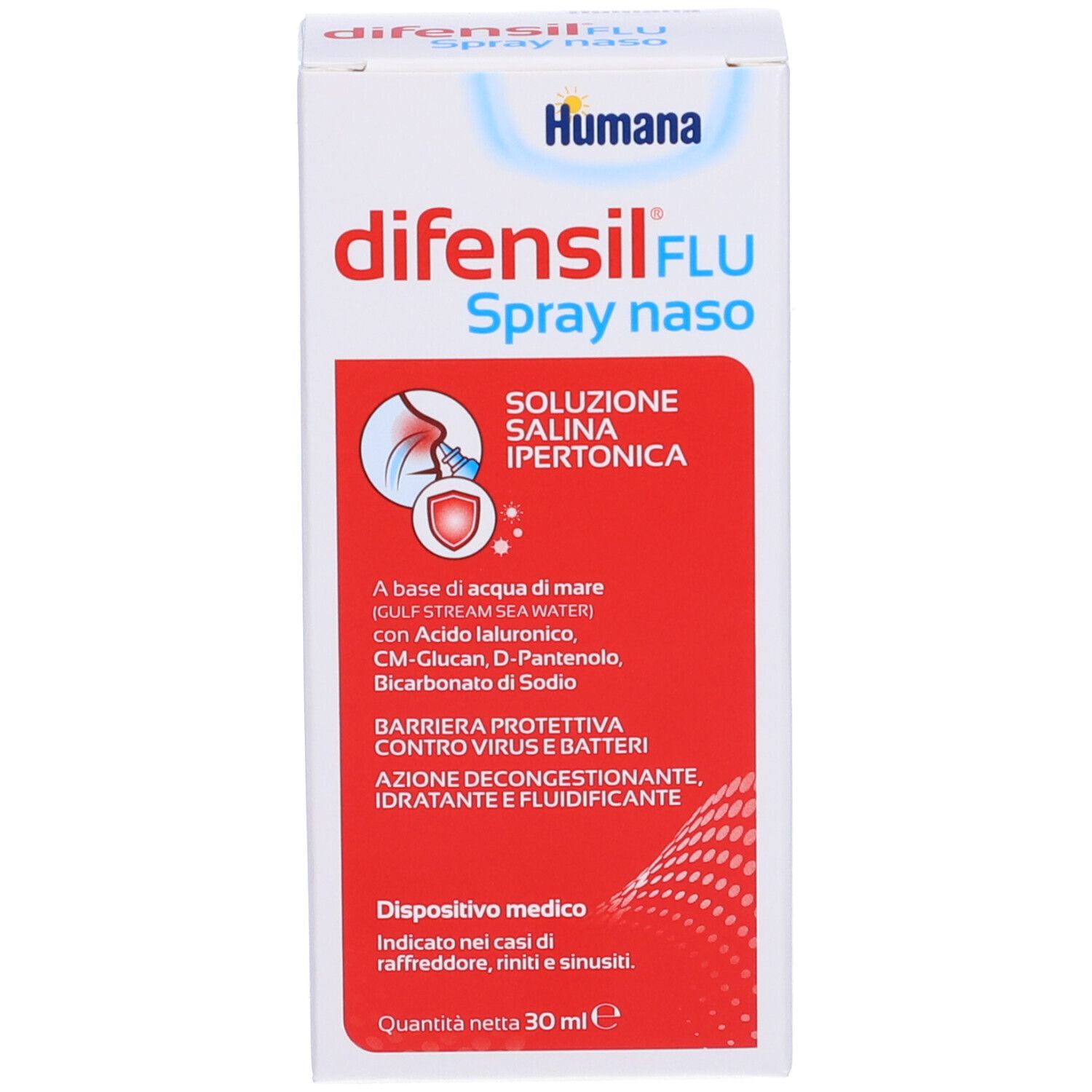 Humana Difensil Flu Nasenspray-Verpackung mit Darstellung der Anwendung und Inhaltsstoffen.