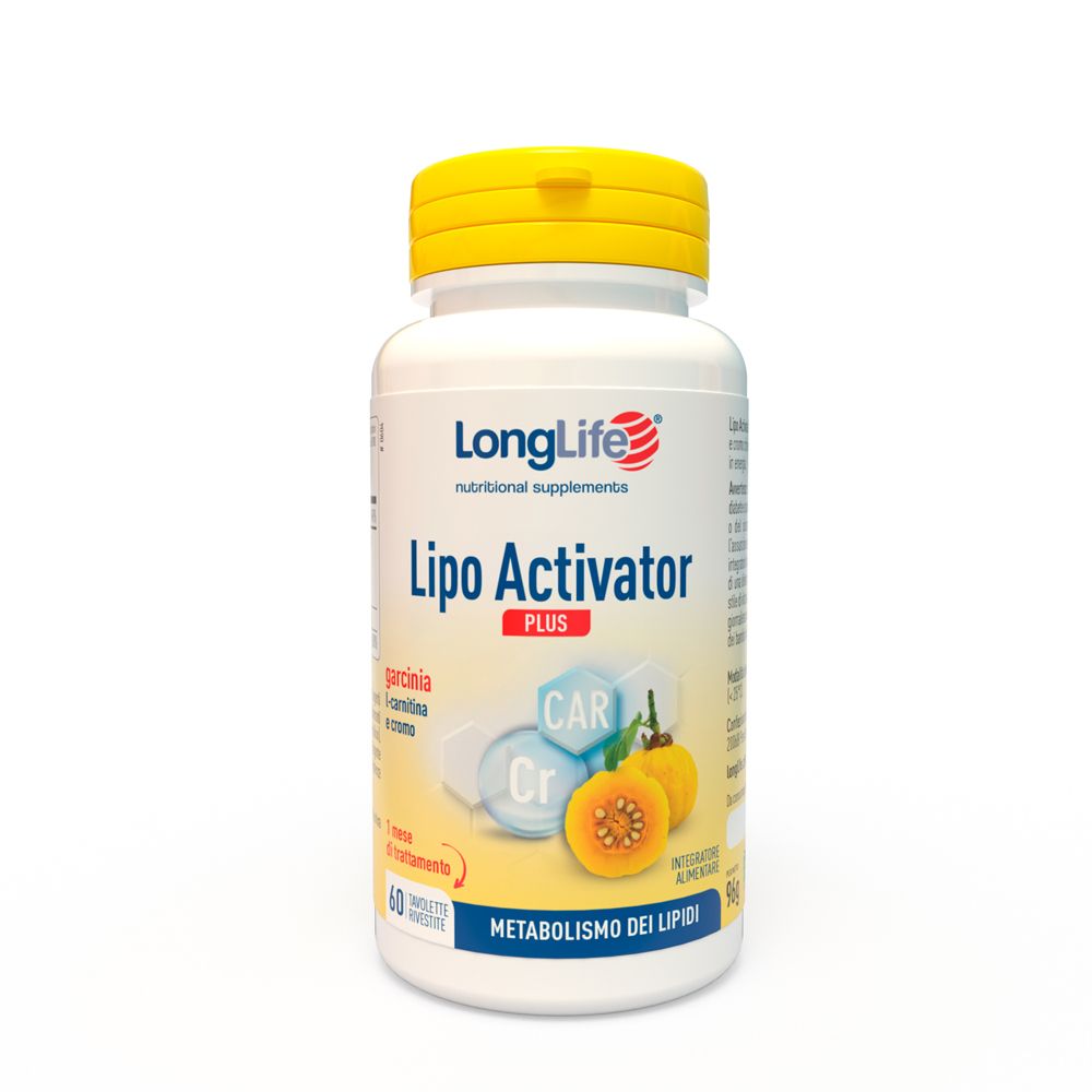 Flacone bianco con tappo giallo. Scritta: LongLife Lipo Activator Plus. 60 compresse. Illustrazioni di frutta e cubi.