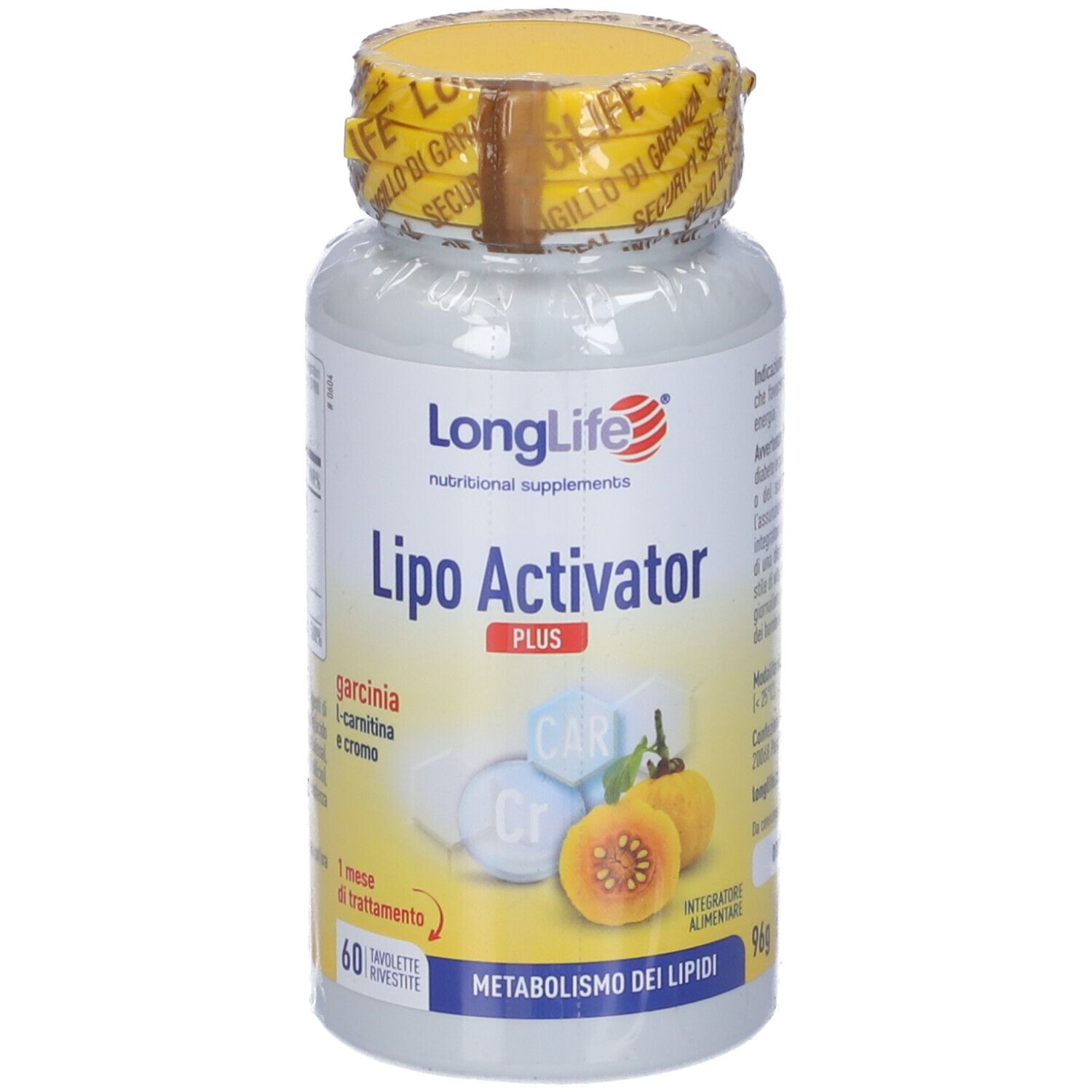 Flacone bianco con tappo e sigillo gialli. Scritta: LongLife Lipo Activator Plus. 60 compresse. Illustrazioni di frutta e cubi.