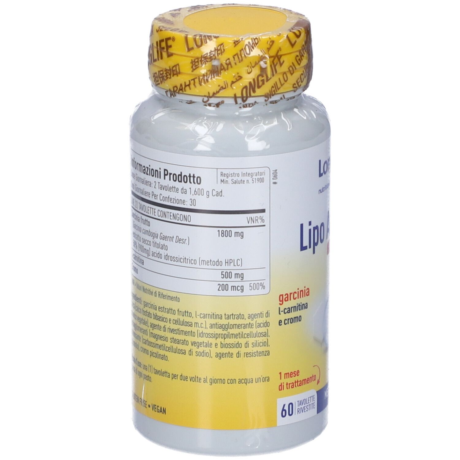 Retro del flacone. Testo con ingredienti e informazioni nutrizionali. Tappo giallo.