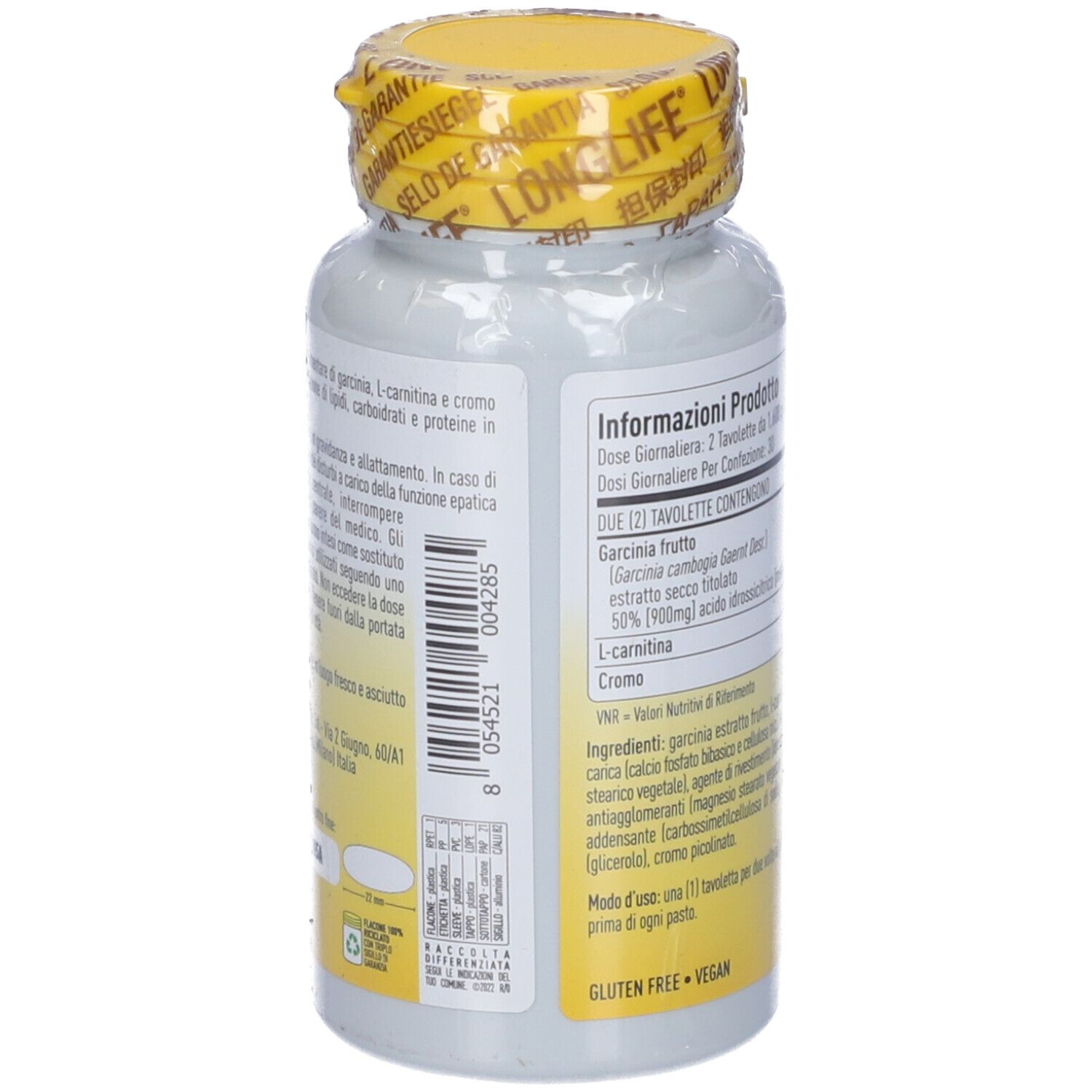 Retro del flacone. Testo con ingredienti e informazioni nutrizionali. Tappo giallo.