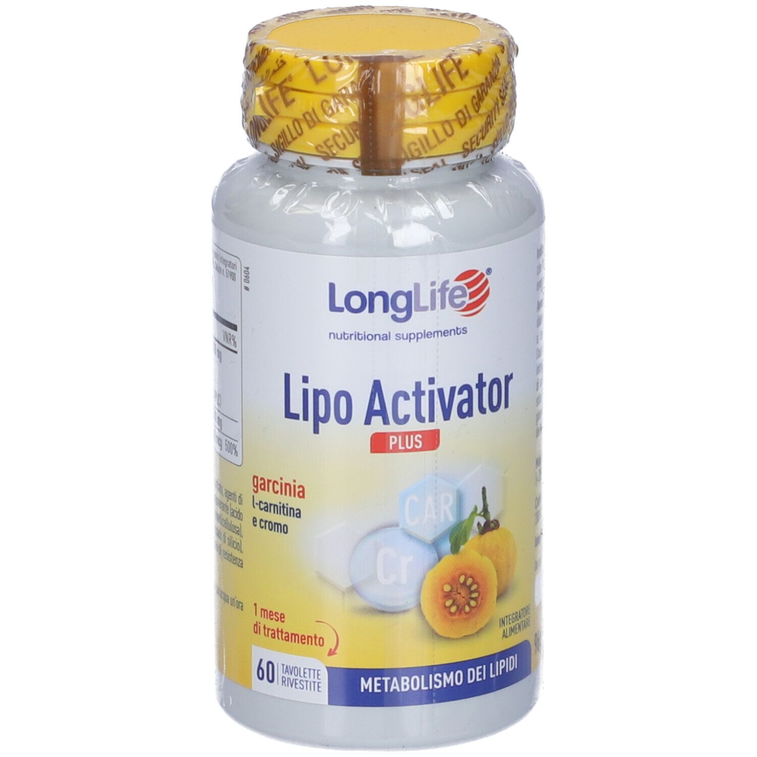 Flacone bianco con tappo e sigillo gialli. Scritta: LongLife Lipo Activator Plus. 60 compresse. Illustrazioni di frutta e cubi.