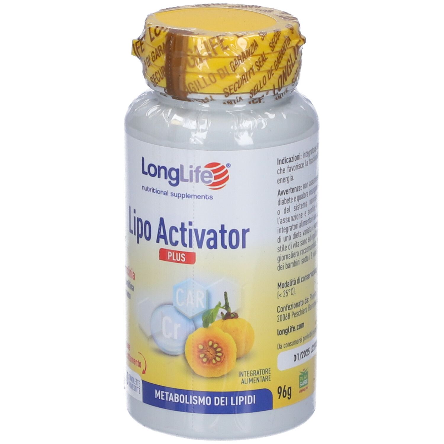 Flacone bianco con tappo giallo. Scritta: LongLife Lipo Activator Plus. 96g. Illustrazioni di frutta e cubi.