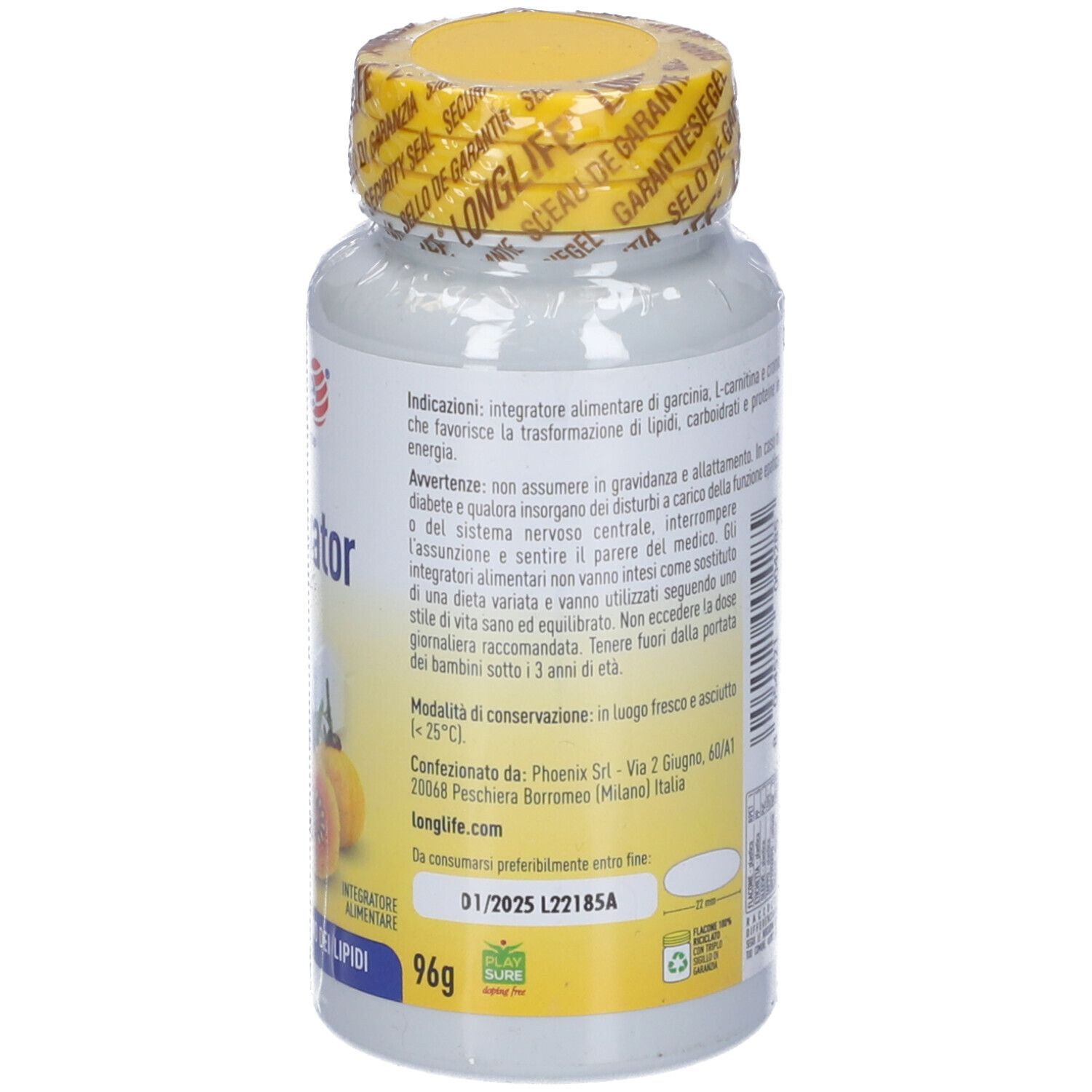Retro del flacone. Testo con ingredienti e informazioni nutrizionali. Tappo giallo. 96g.