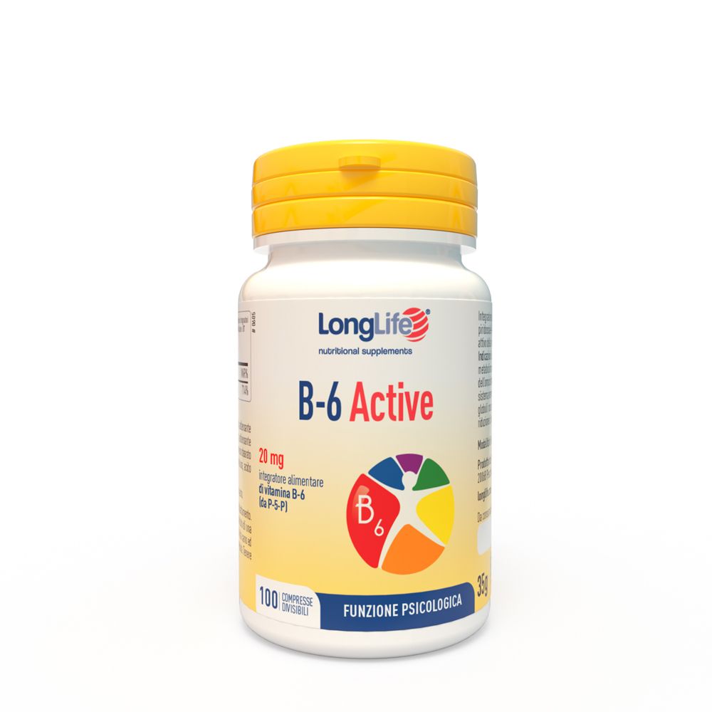 Weißes Fläschchen mit gelbem Deckel. Aufschrift: LongLife B-6 Active. Enthält 100 Tabletten. Aufdruck mit Vitamin B6.