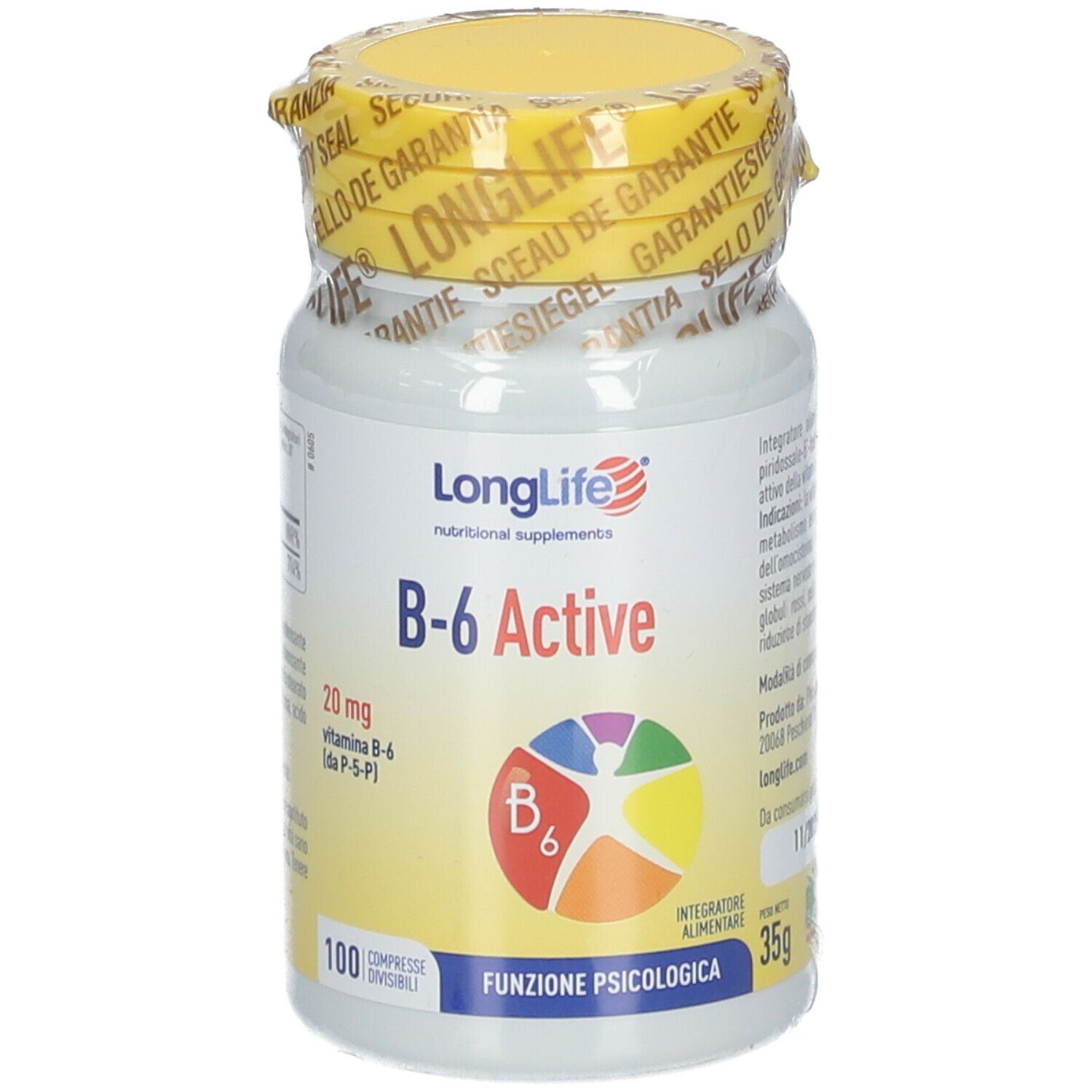 Weißes Fläschchen mit gelbem Deckel und Siegel. Aufschrift: LongLife B-6 Active. Enthält 100 Tabletten. Vitamin B6.