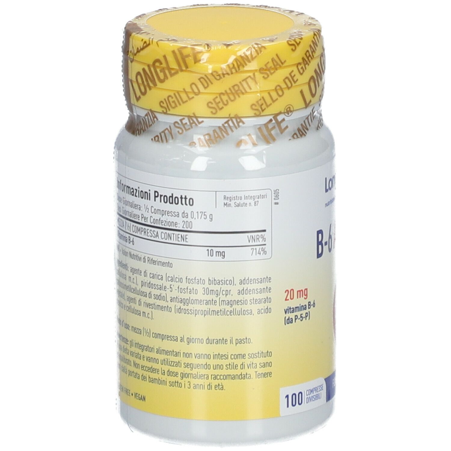 Rückseite des Fläschchens. Informationen zum Produkt, Inhaltsstoffe, Dosierung. Gelber Deckel mit Siegel. 100 Tabletten.