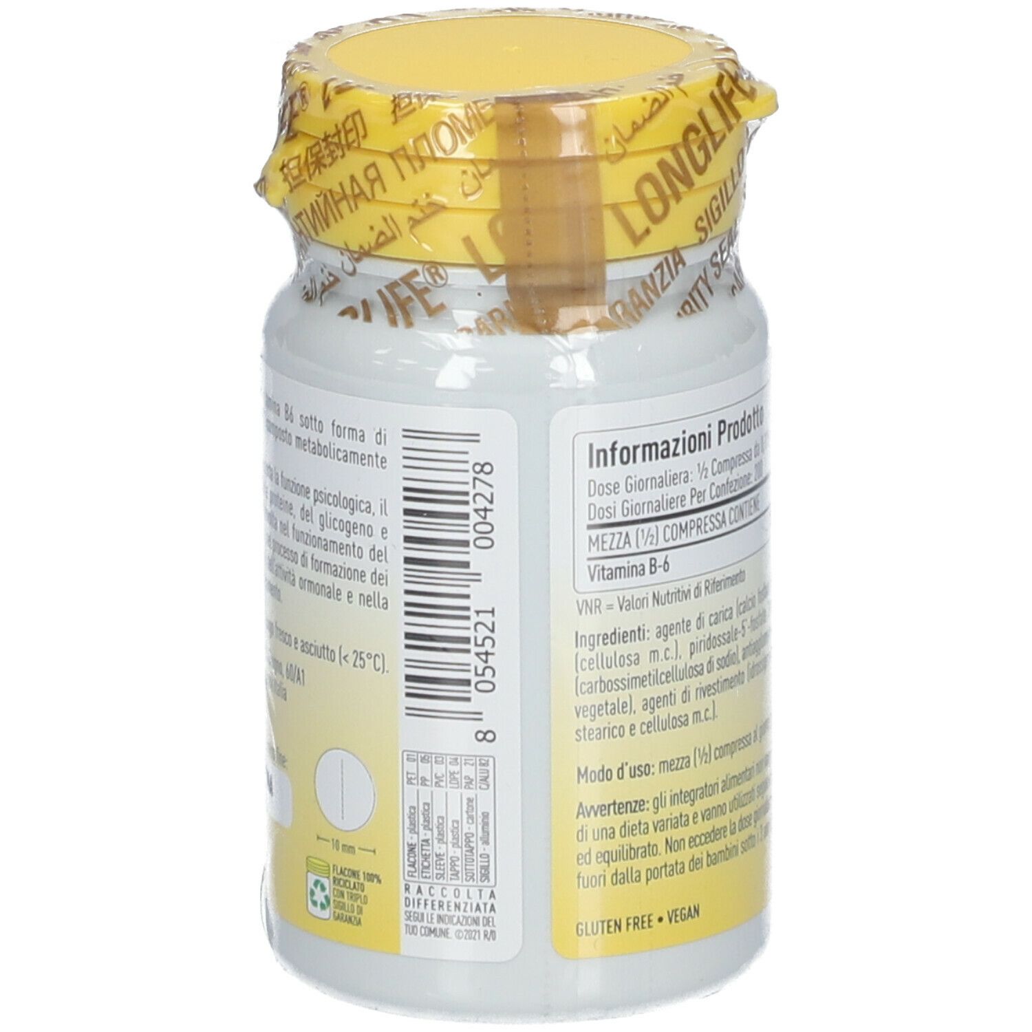 Rückseite des Fläschchens. Informationen zum Produkt, Inhaltsstoffe, Dosierung. Gelber Deckel mit Siegel. Vegan.