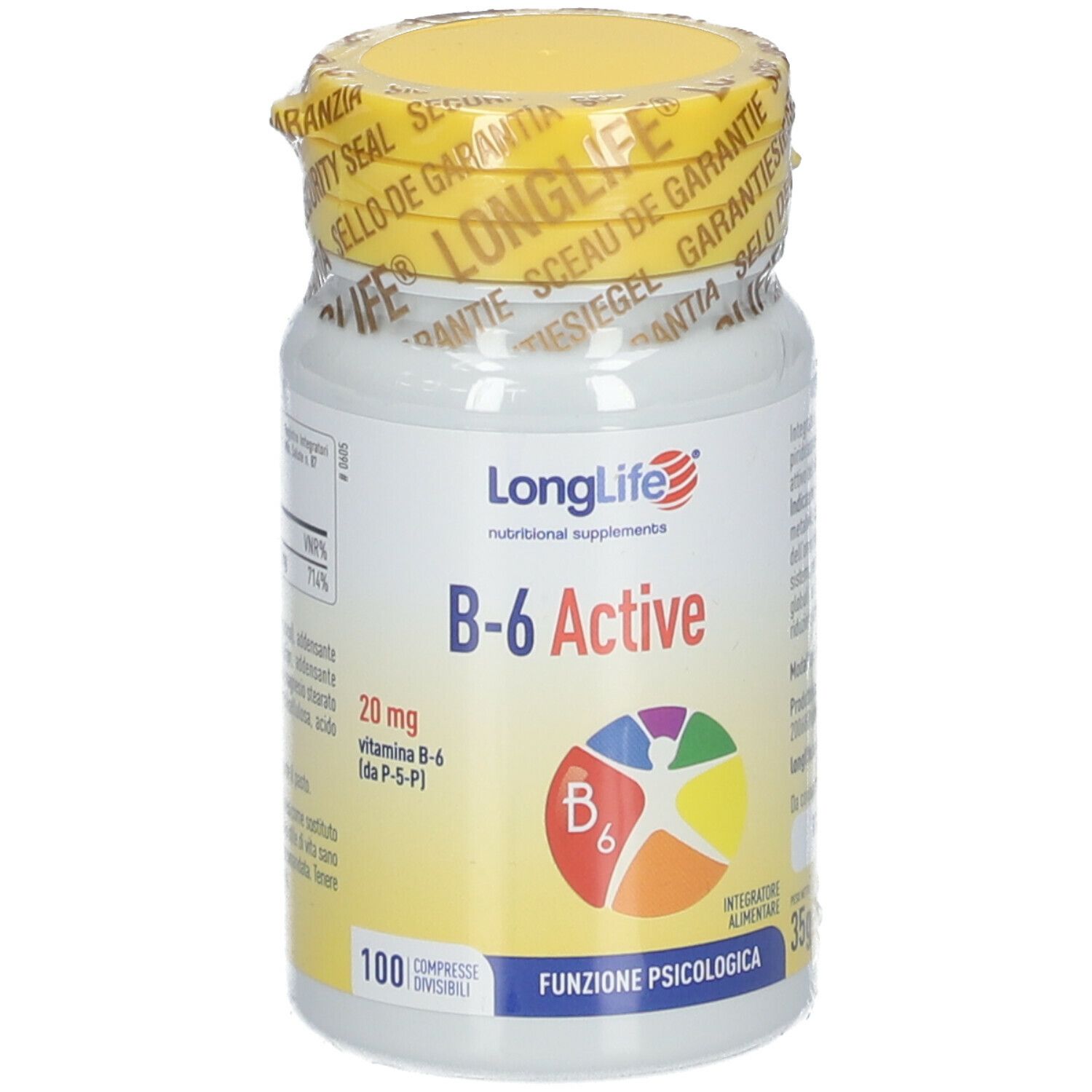 Weißes Fläschchen mit gelbem Deckel und Siegel. Aufschrift: LongLife B-6 Active. Enthält 100 Tabletten. Vitamin B6.