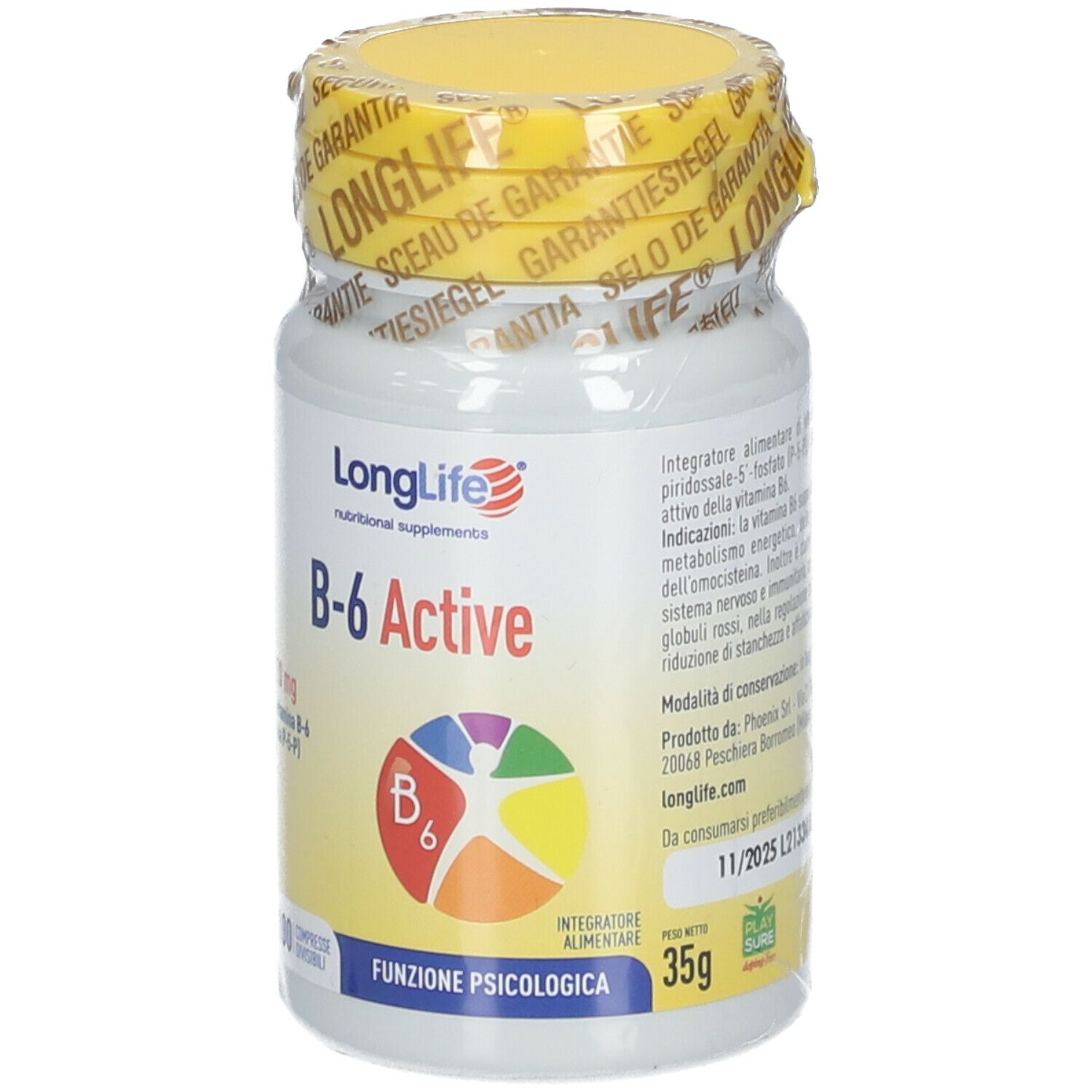 Weißes Fläschchen mit gelbem Deckel und Siegel. Aufschrift: LongLife B-6 Active. Enthält 35g. Vitamin B6.