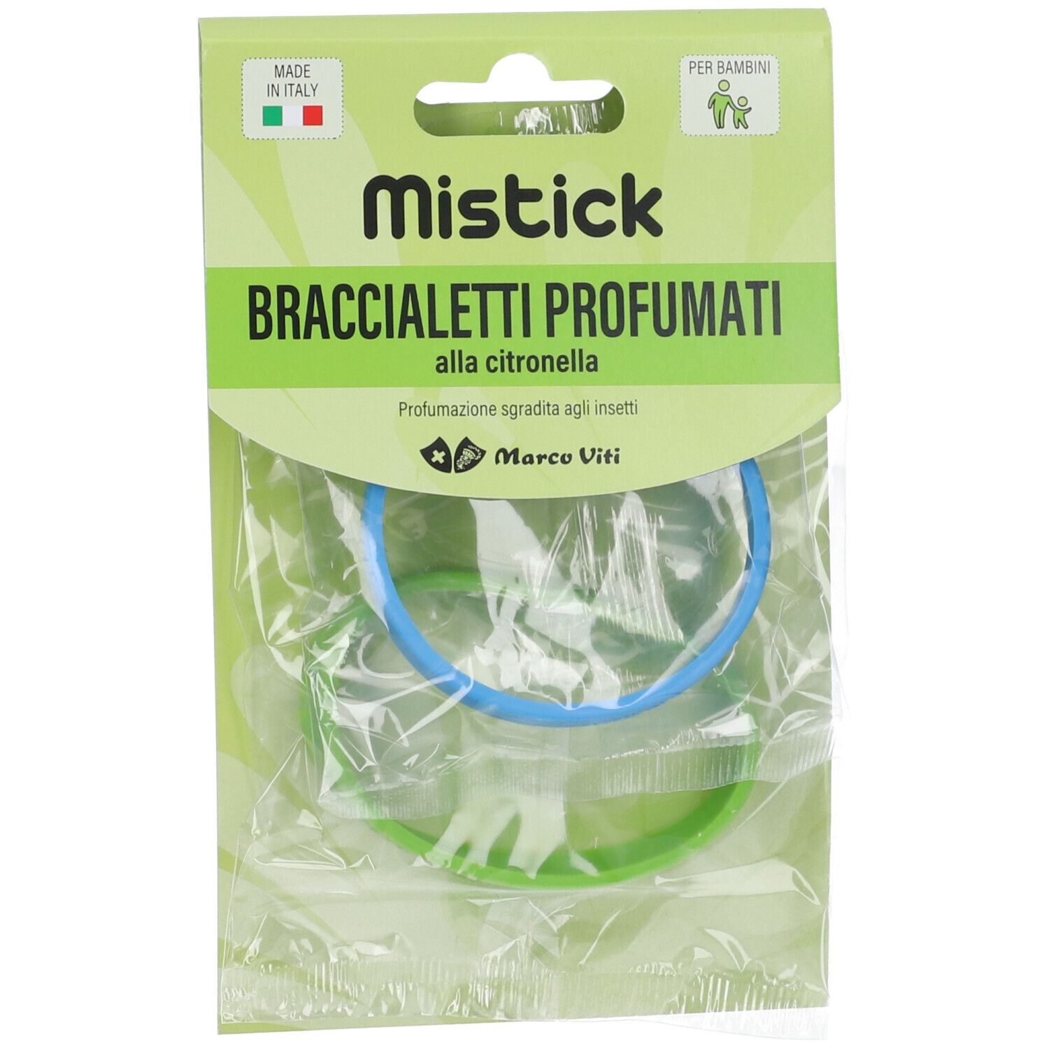 Confezione di braccialetti profumati Mistick. Due braccialetti, blu e verde, in confezione di plastica. Testo: Braccialetti Profumati.