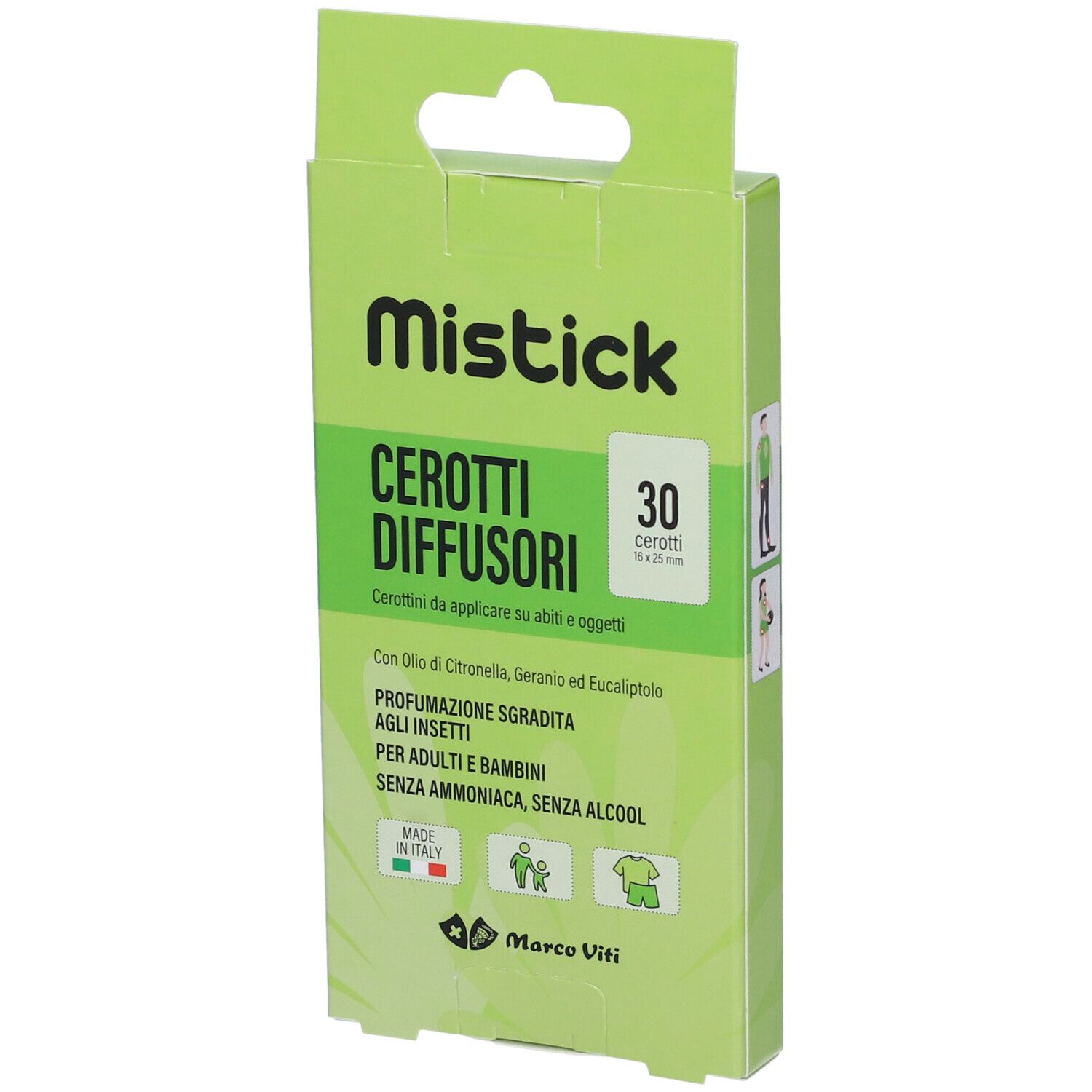 Confezione verde con nome e testo del prodotto. Contiene 30 cerotti. Marca: Mistick Cerotti Diffusori.