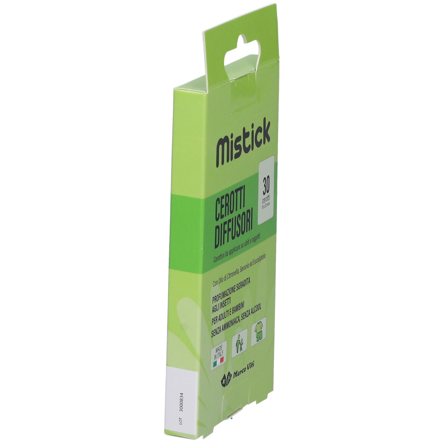 Vista laterale della confezione verde. Nome e testo del prodotto visibili. Marca: Mistick Cerotti Diffusori.