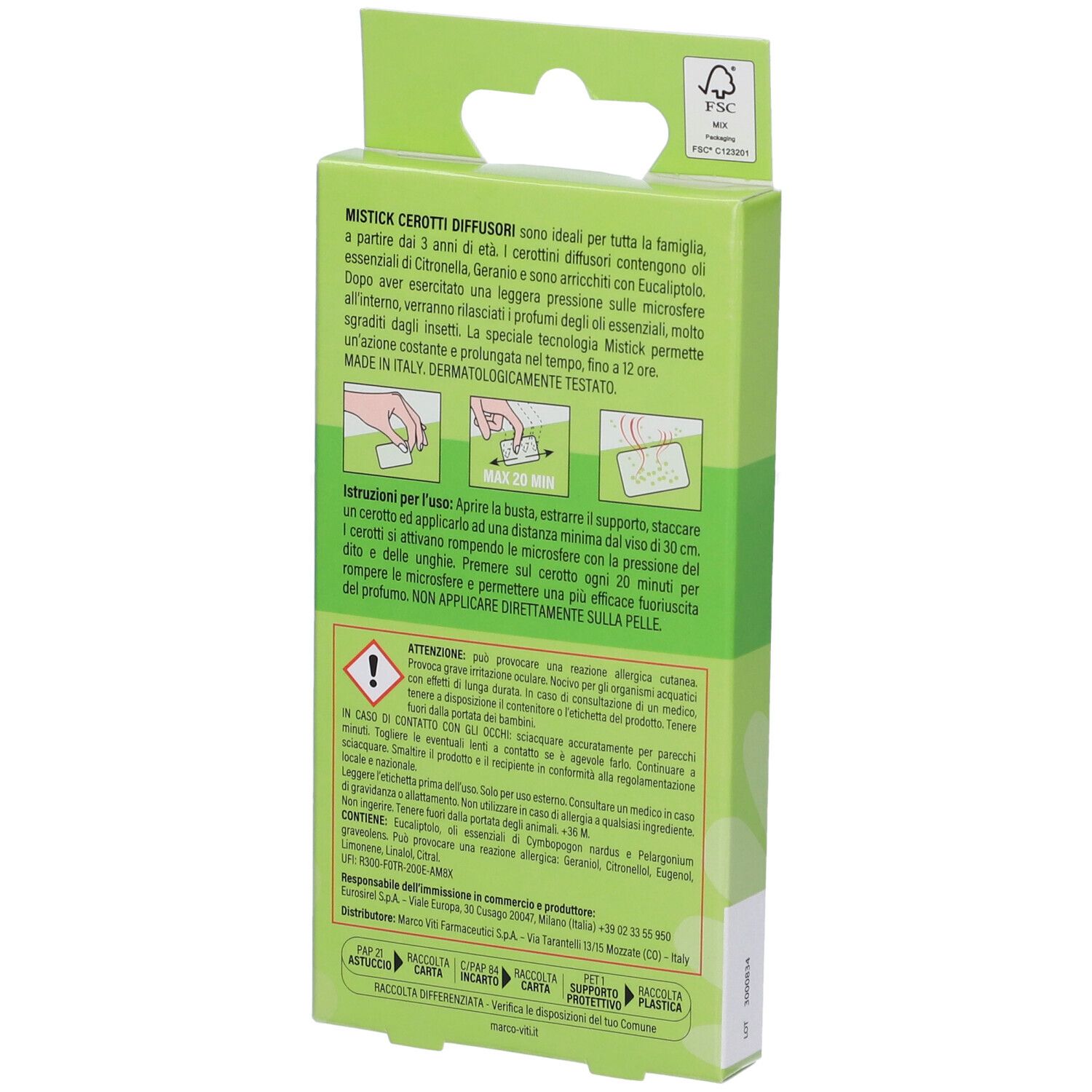 Retro della confezione verde. Testo e illustrazioni. Marca: Mistick Cerotti Diffusori.